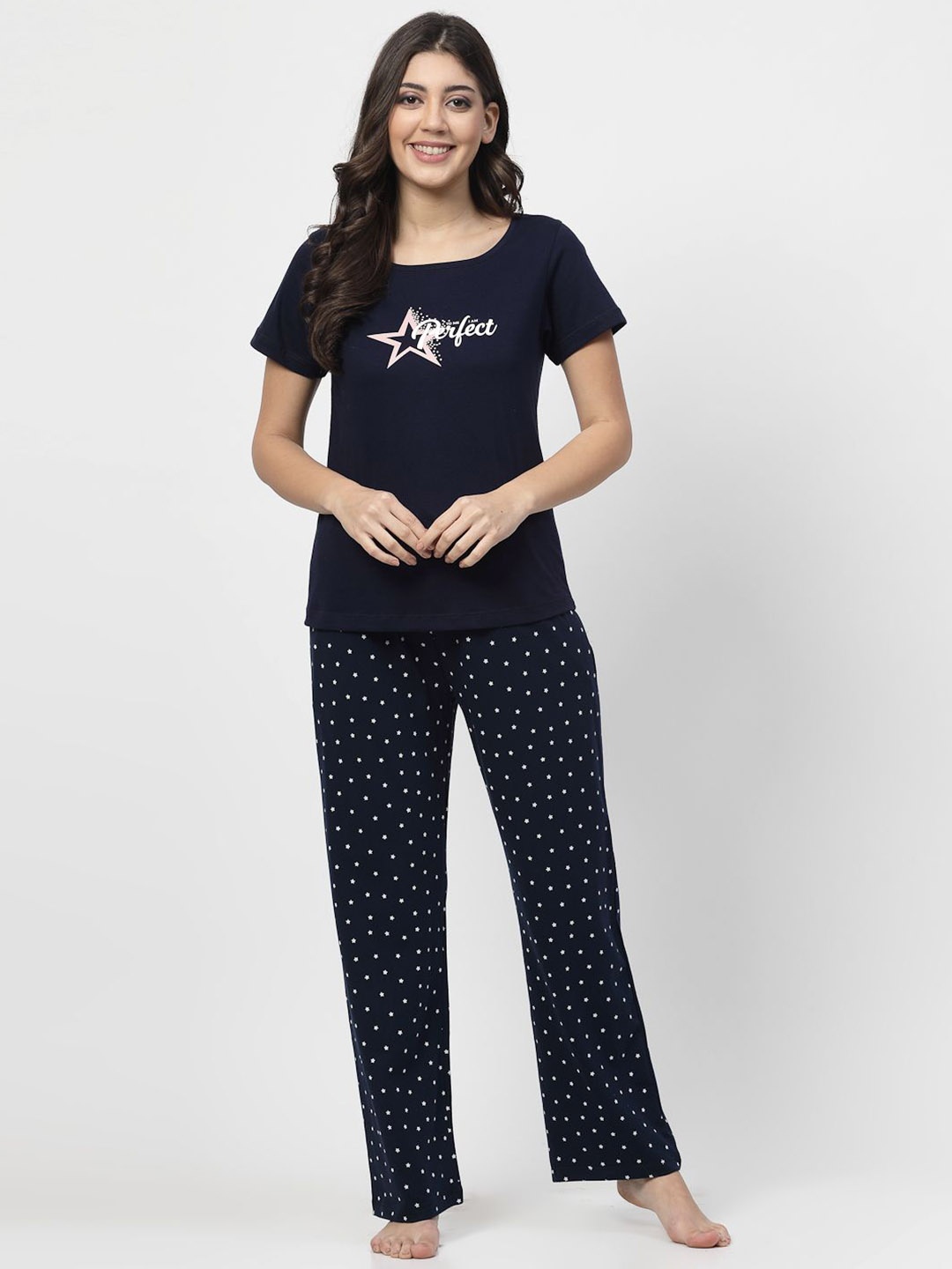 

ETC Women Geometric Printed Cotton Night suit, Navy blue