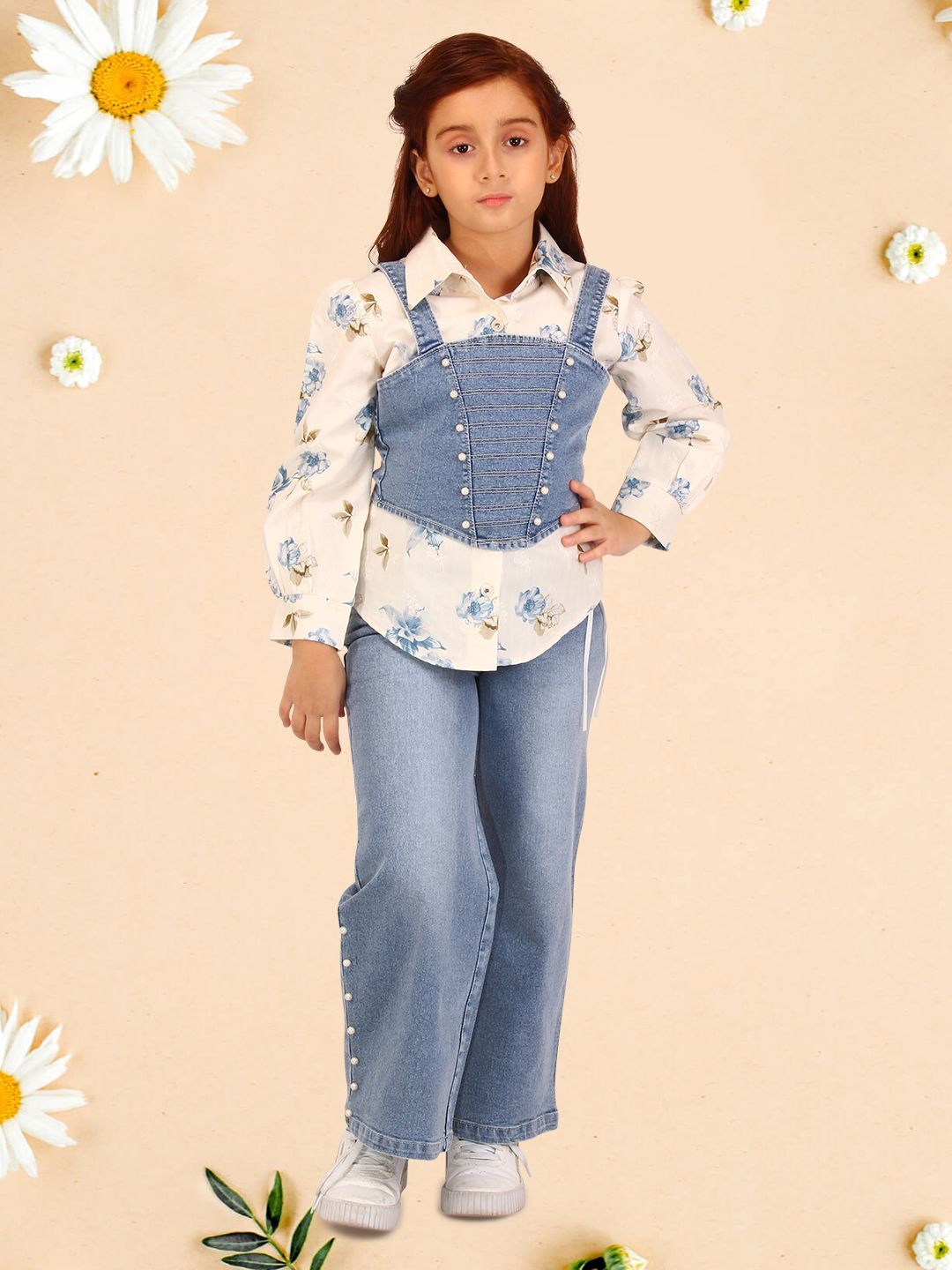 

CUTECUMBER Girls Floral Printed Shirt Collar Top with Trousers, Blue