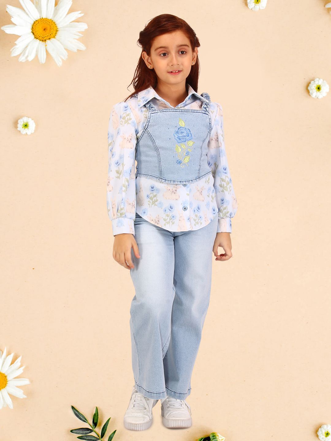 

CUTECUMBER Girls Floral Printed Shirt Collar Top with Trousers, Blue