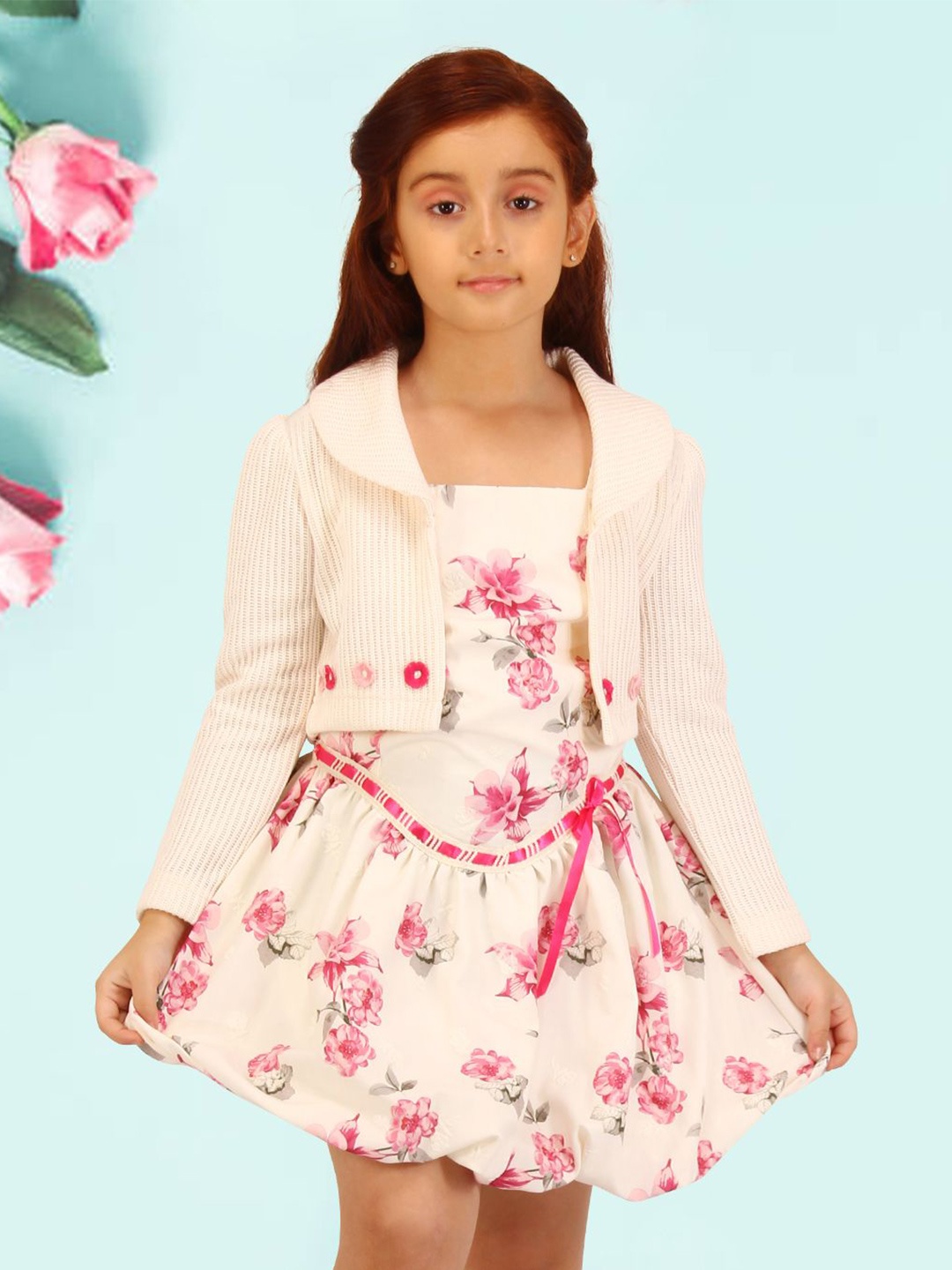 

CUTECUMBER Girls Floral Print Fit & Flare Dress with Full Sleeve Shrug, Pink