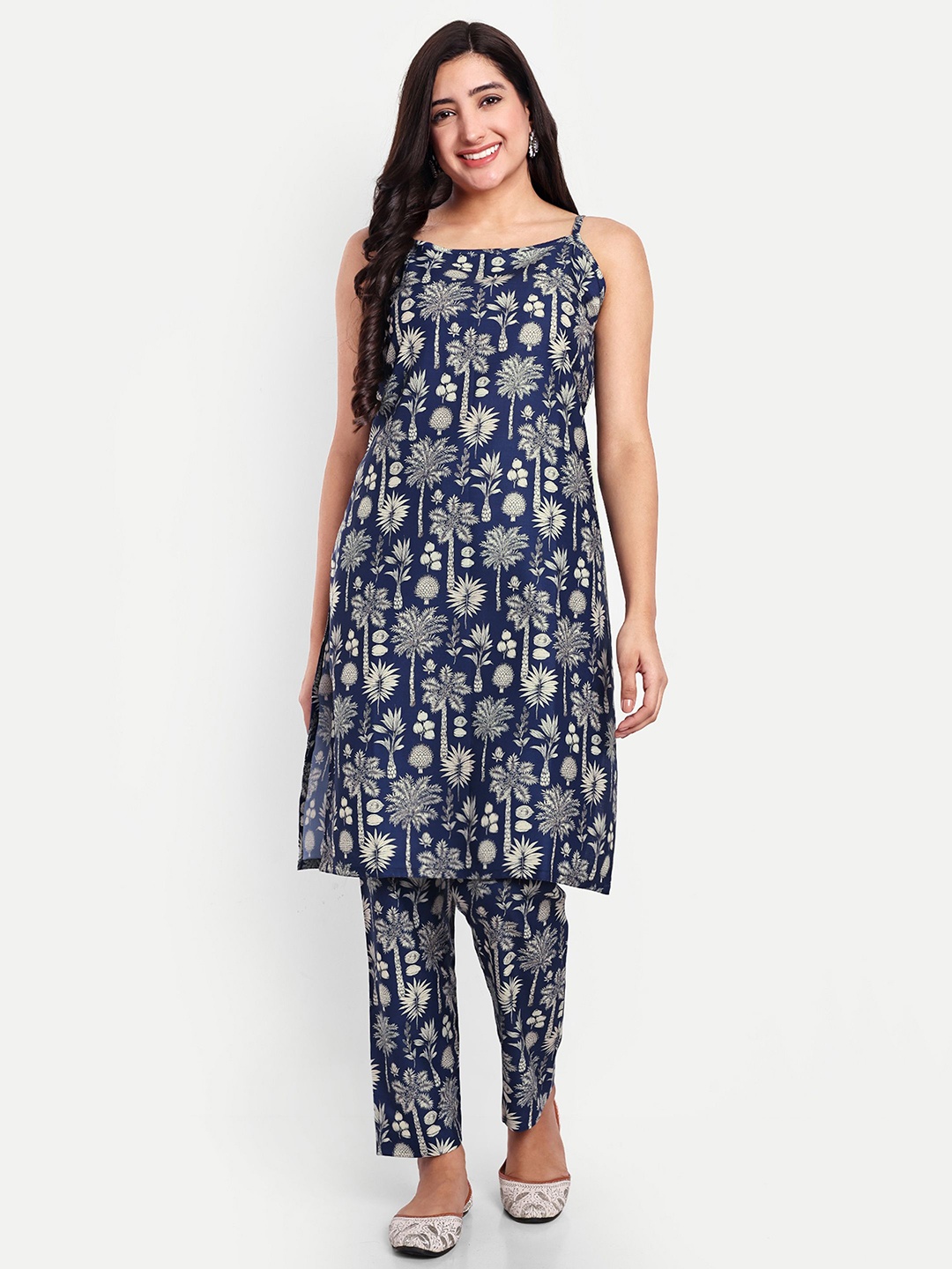 

TILISM Floral Printed Shoulder Straps Linen Cotton Tunic With Trouser, Blue