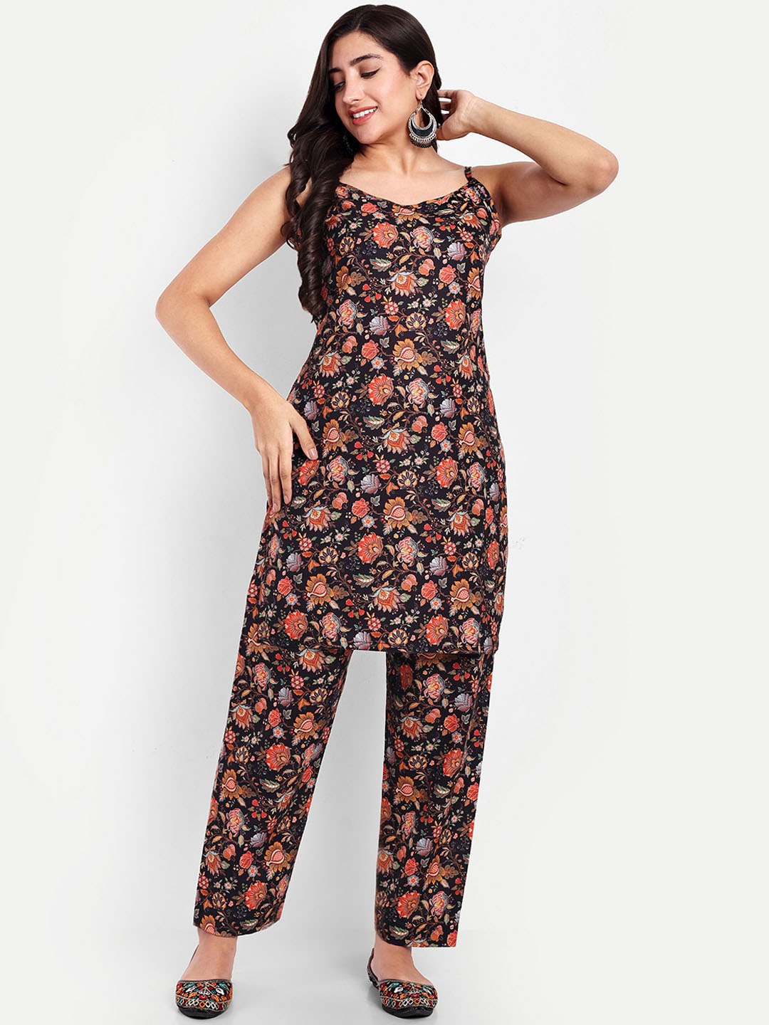 

TILISM Floral Printed Shoulder Straps Linen Cotton Tunic With Trouser, Black