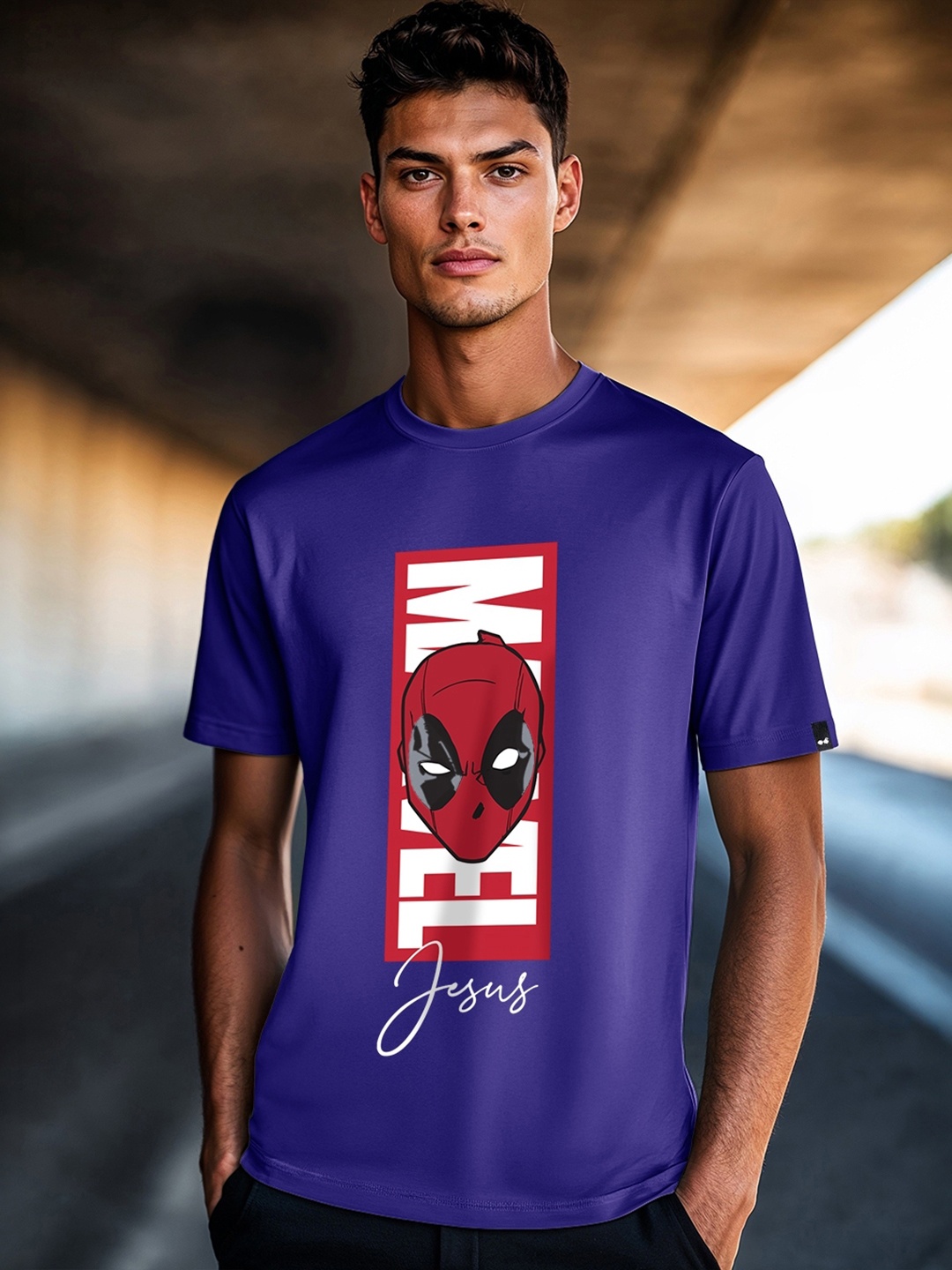 

Bewakoof Official Men Marvel Deadpool Graphic Printed Pure Cotton T-shirt, Blue