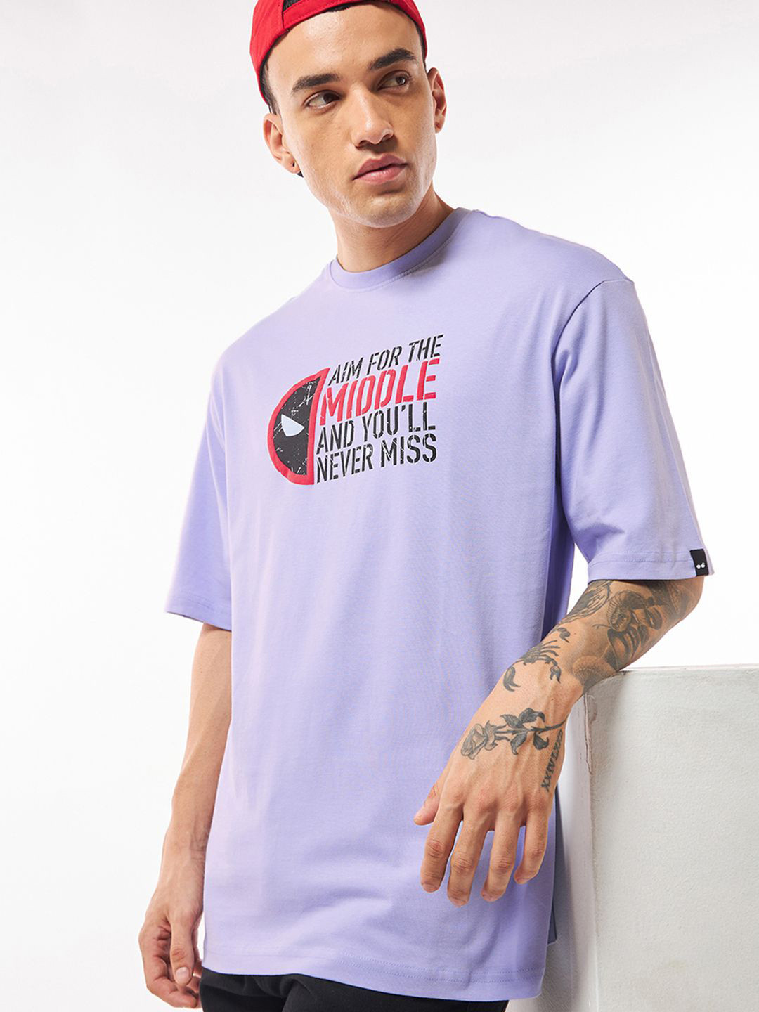 

Bewakoof Official Men Marvel Aim For Middle Graphic Printed Cotton Oversized T-shirt, Purple