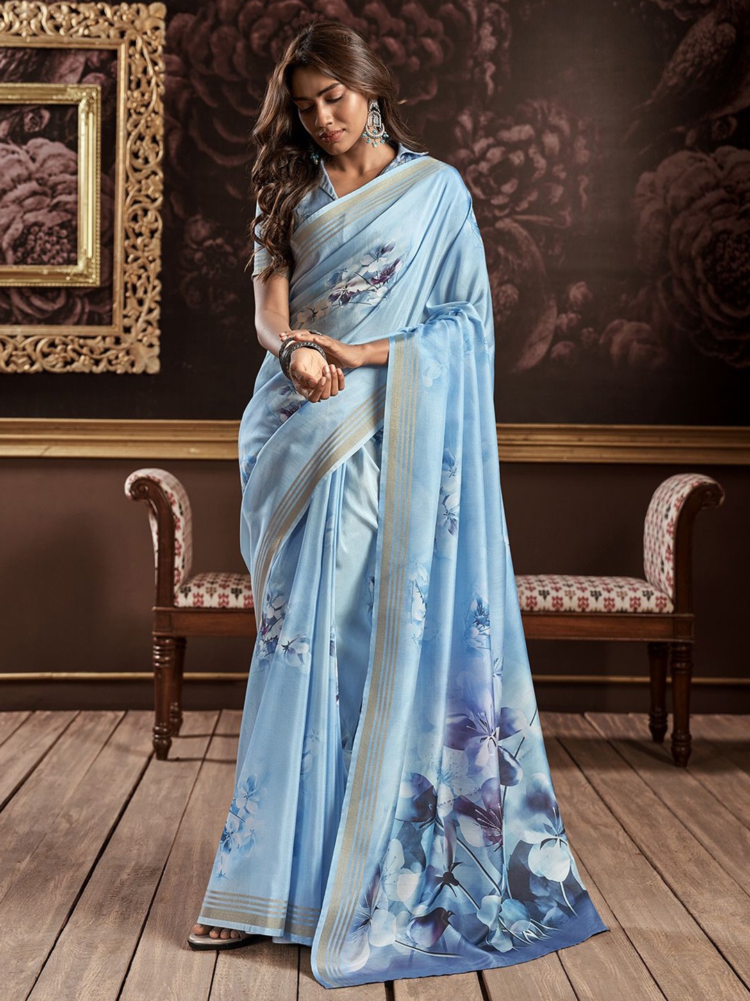 Panzora Floral Printed Zari Saree, Blue