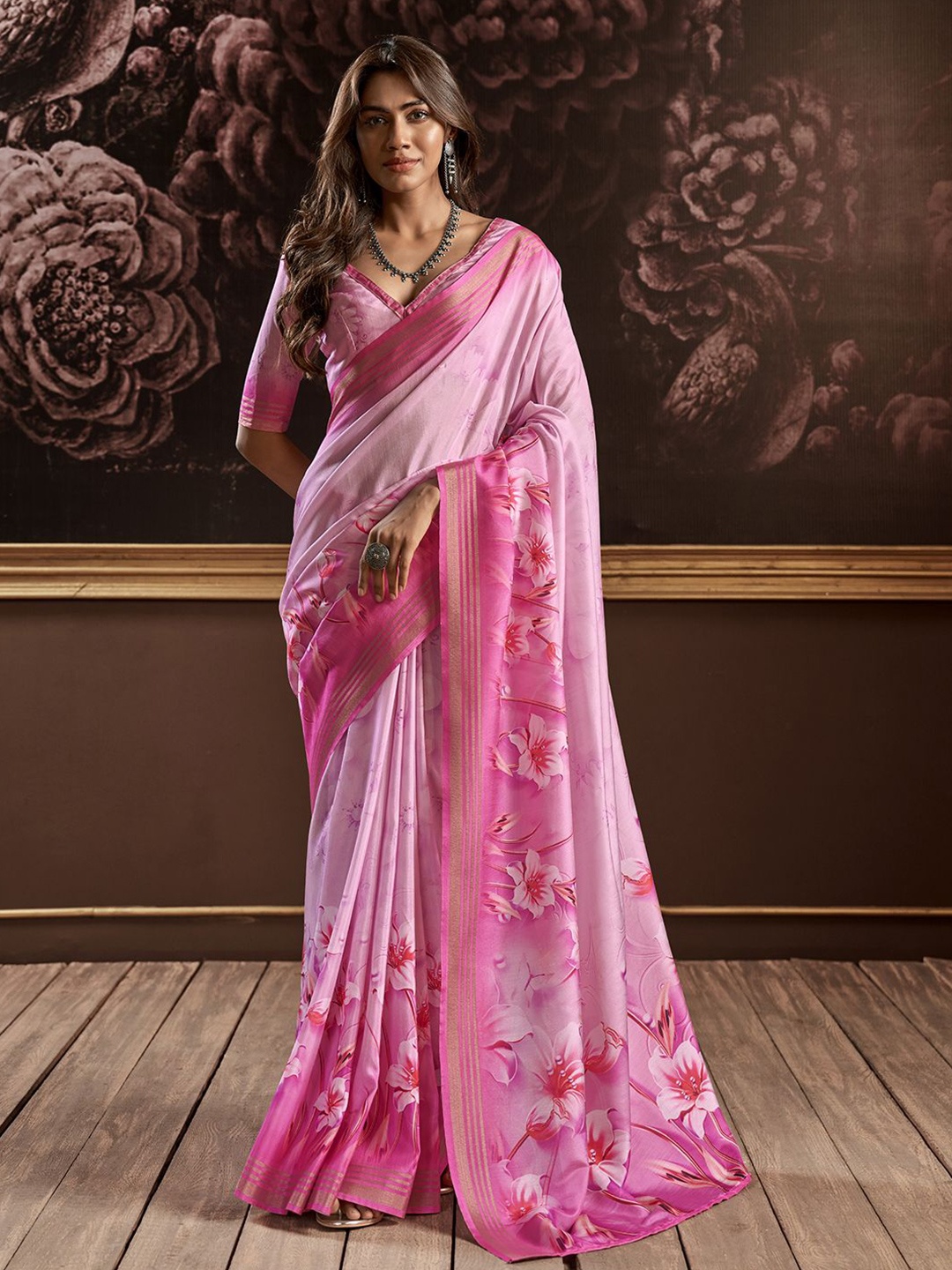 Panzora Floral Printed Zari Saree, Pink