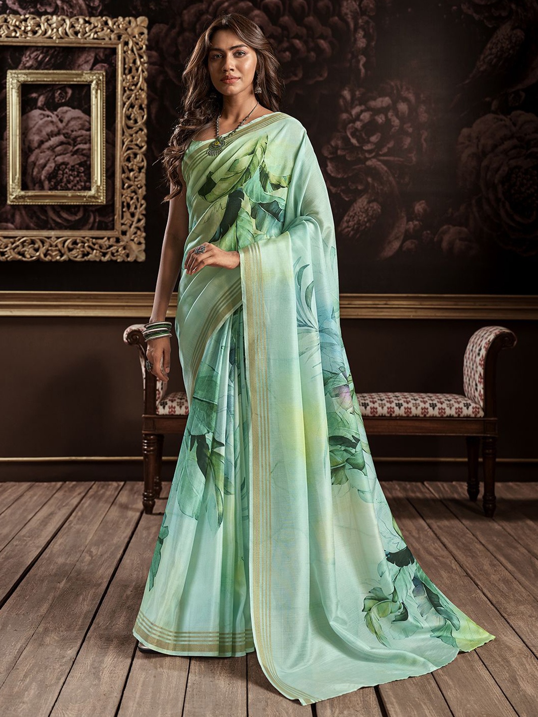 Panzora Floral Zari Silk Blend Saree, Blue