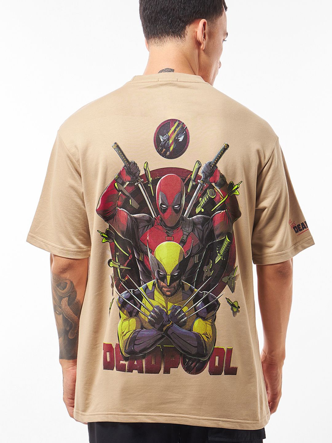 

Bewakoof Heavy Duty 1.0 Men Brown Deadpool Duo Graphic Printed Oversized T-shirt, Cream