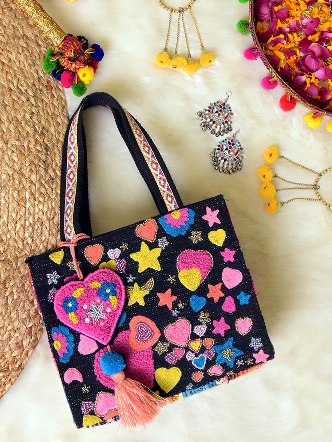

BohoGirl Floral Embellished Swagger Handheld Bag with Tasselled, Black
