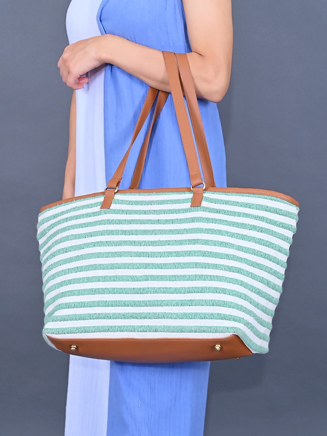BohoGirl Striped Oversized Shopper Cotton Shoulder Bag -Up to 18 inch, Green