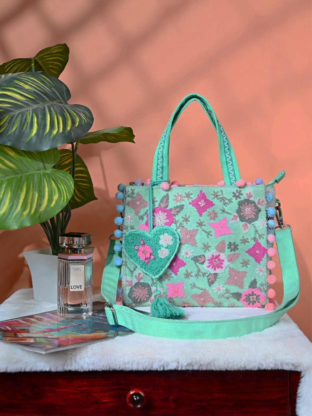 

BohoGirl Floral Embroidery Structured Cotton Mini Blush Tote Bag, Blue