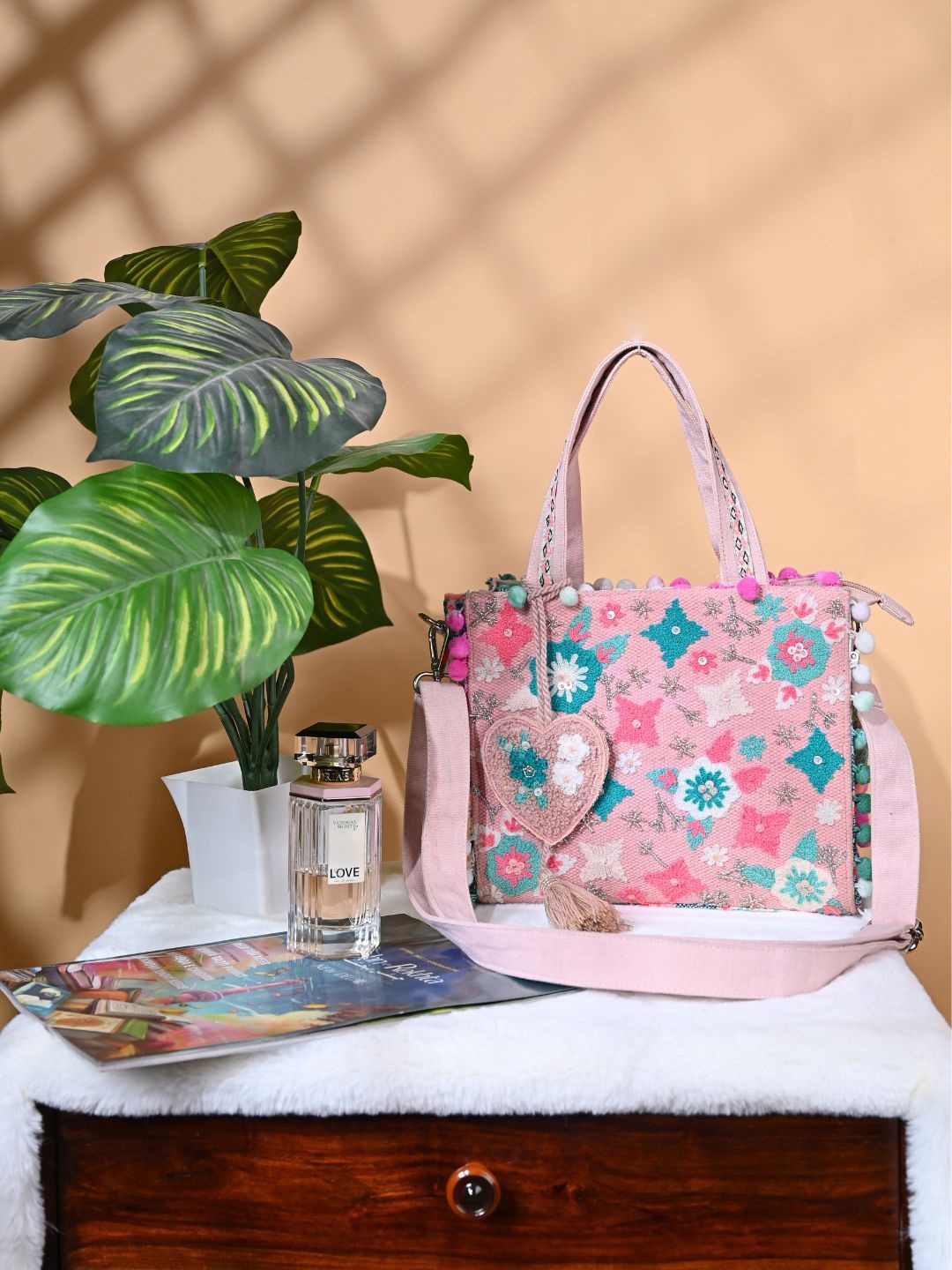 

BohoGirl Floral Self Design Structured Cotton Sling Bag, Pink