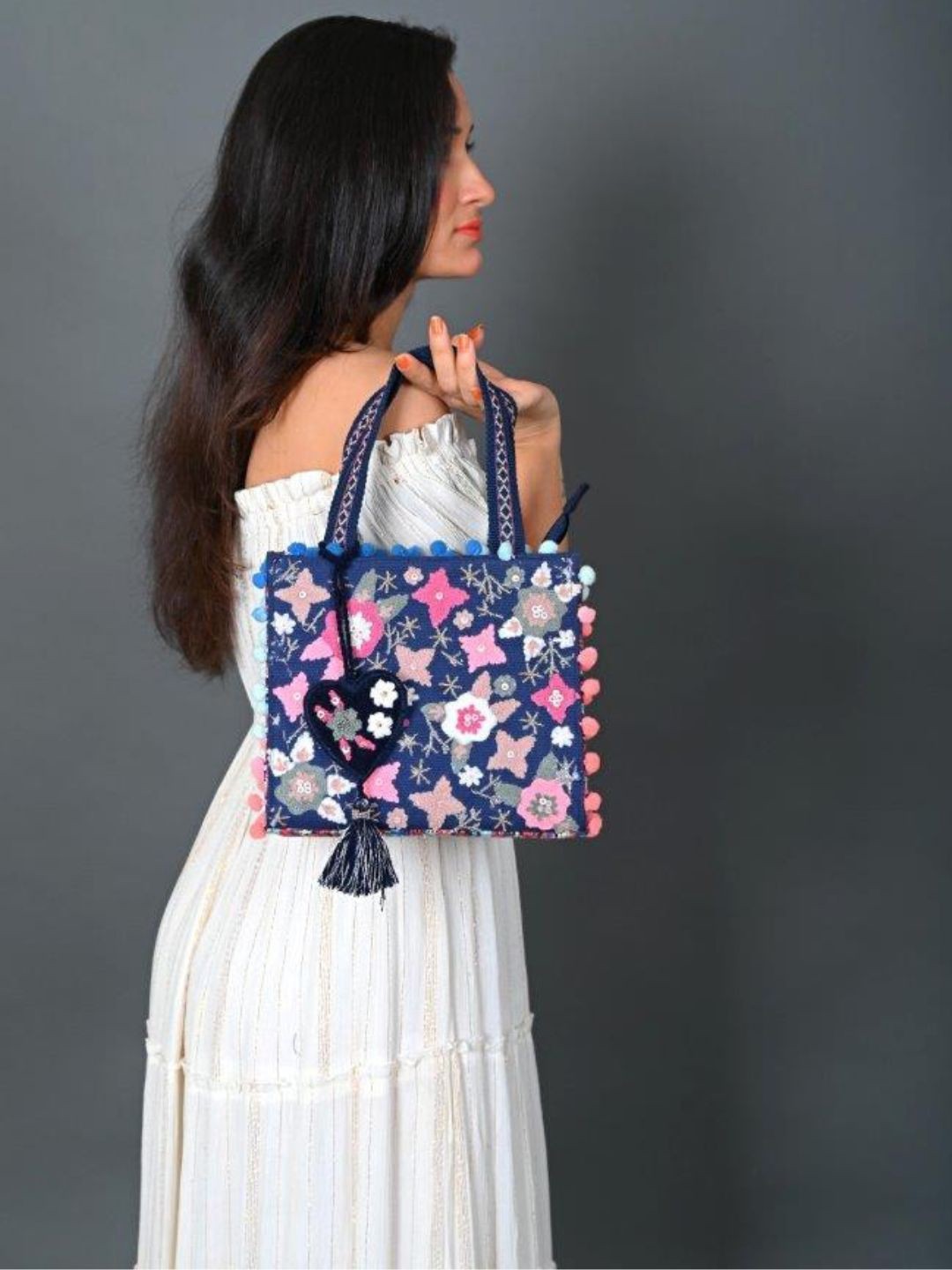 

BohoGirl Floral Self Design Shopper Cotton Jacquard Mini Blush Tote Bag, Navy blue
