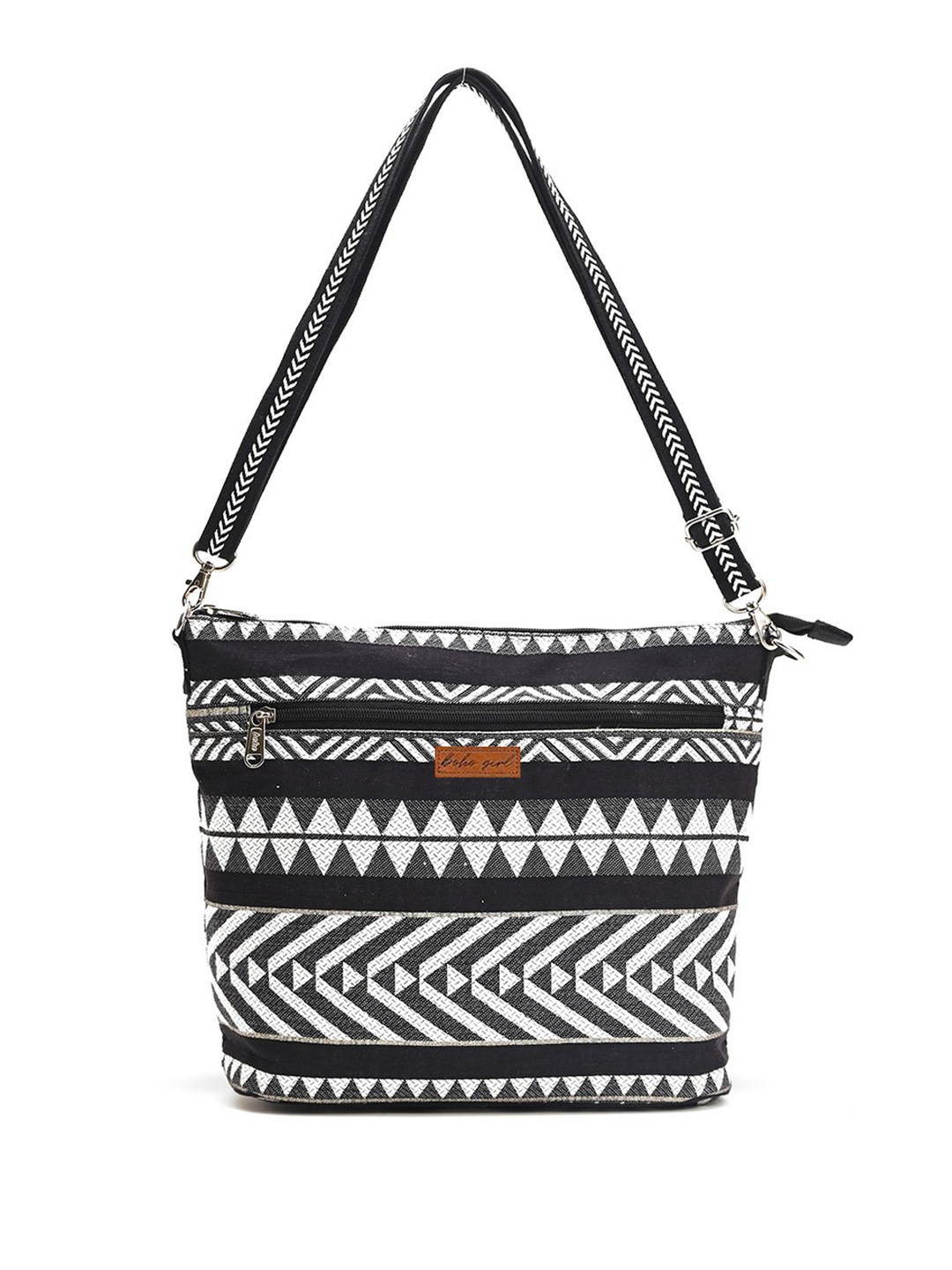 

BohoGirl Ethnic Motifs Self Design Structured Cotton Sling Bag, Black