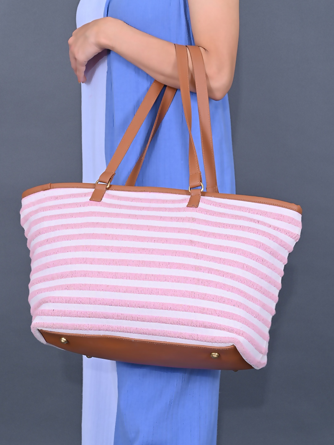 

BohoGirl Striped Oversized Shopper Cotton Shoulder Bag -Up to 18 inch, Pink