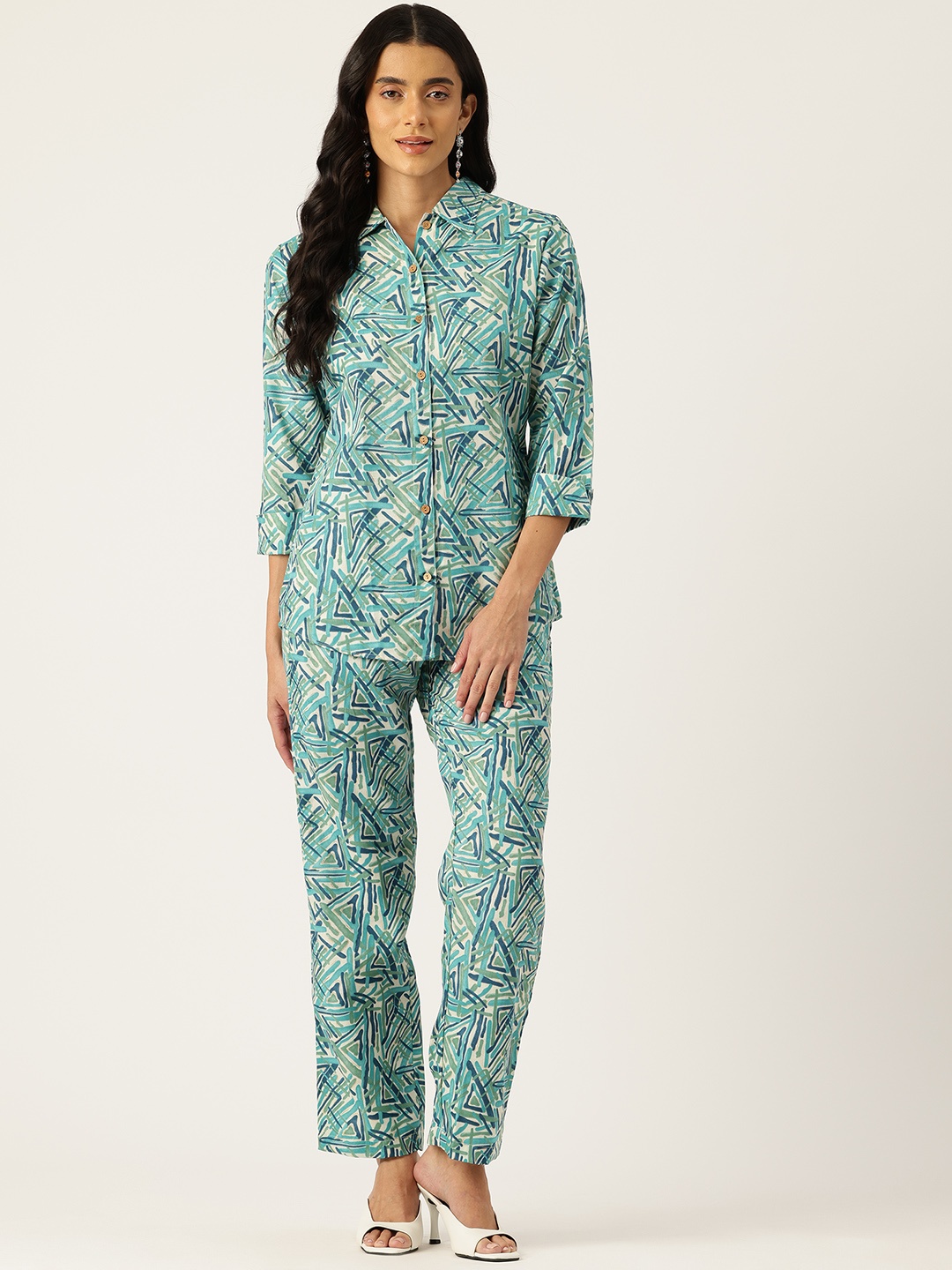 

Molcha Printed Pure Cotton Shirt With Palazzos, Blue