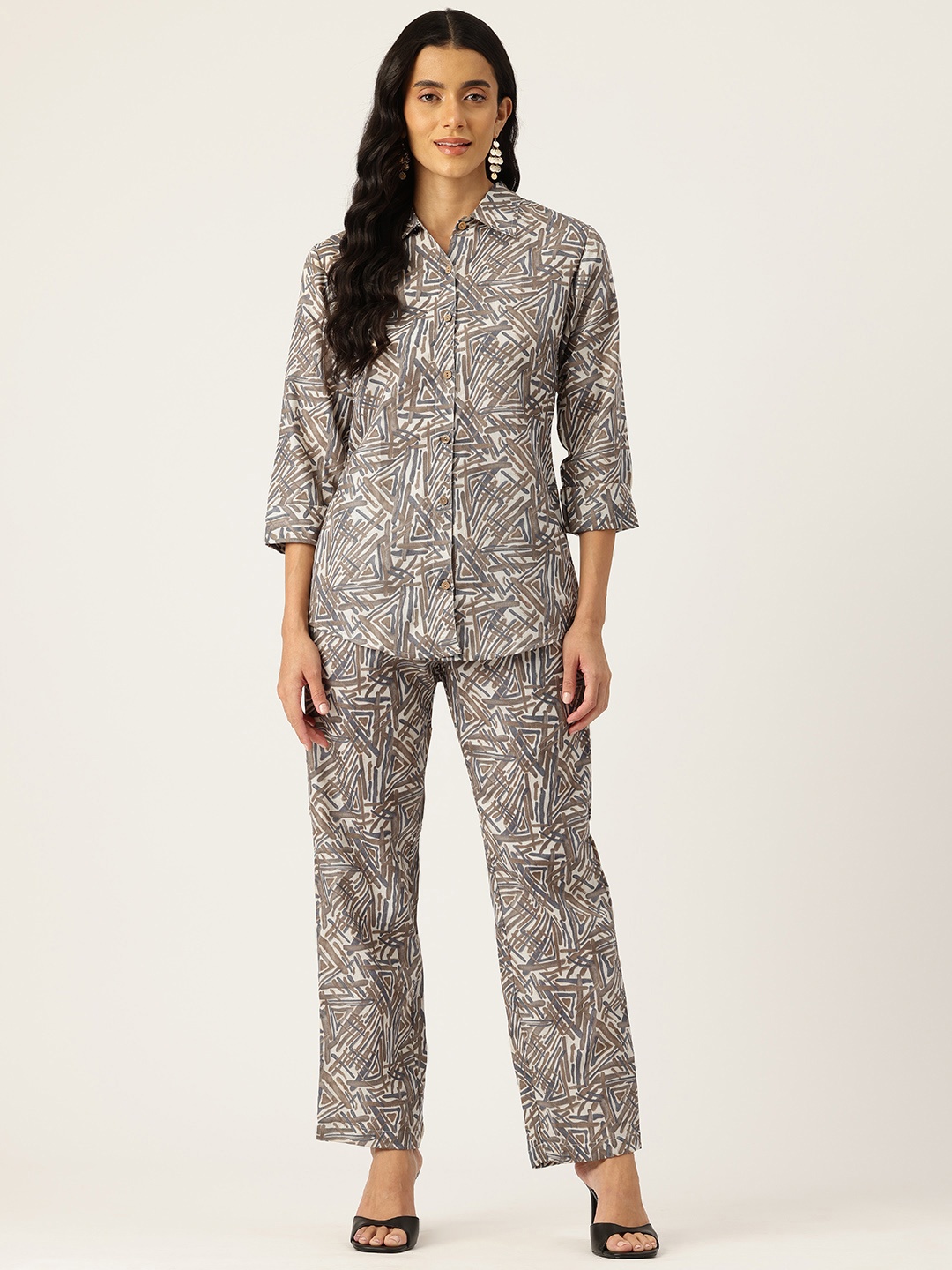 

Molcha Printed Pure Cotton Shirt With Palazzos, Grey