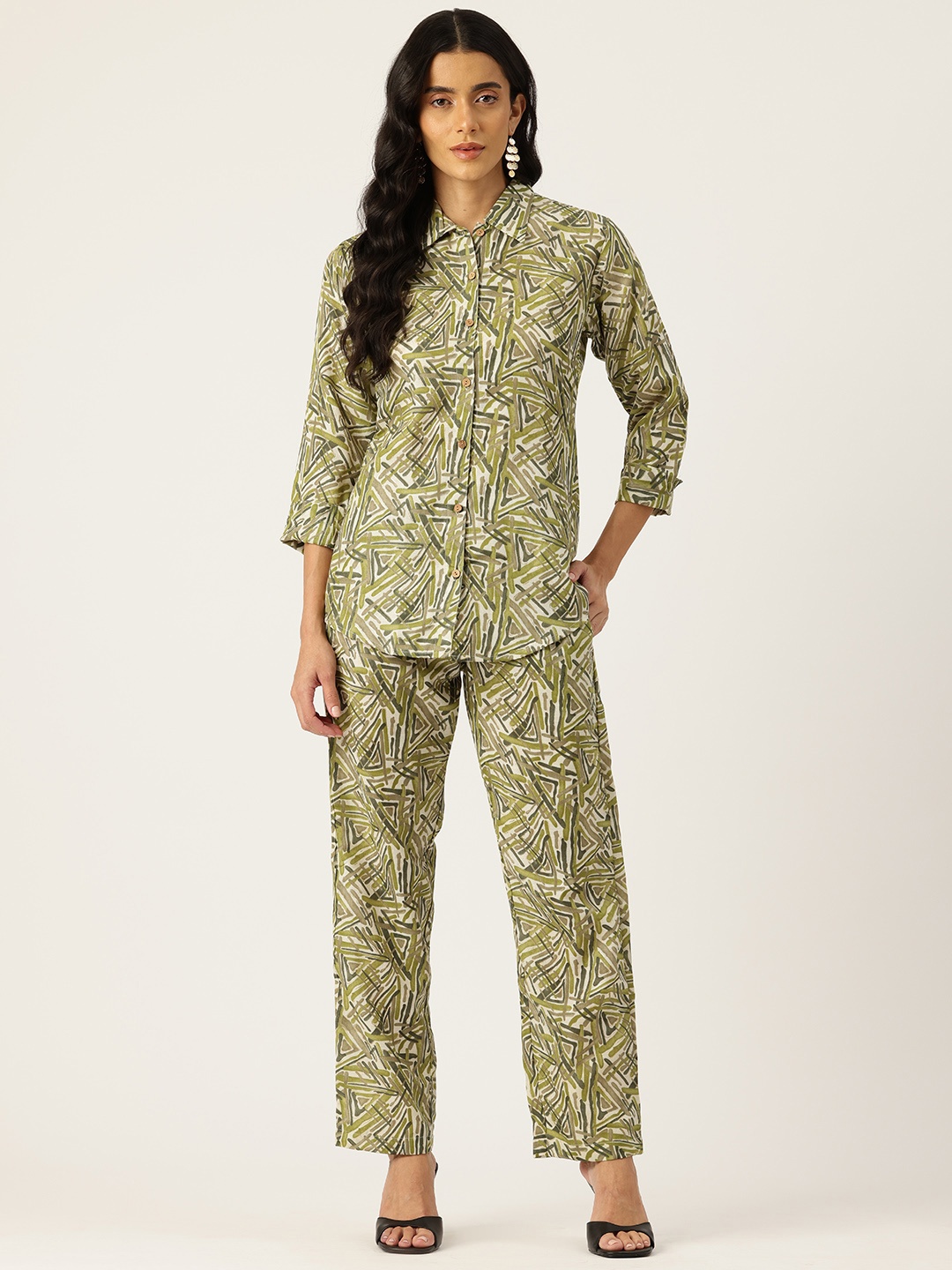 

Molcha Printed Pure Cotton Shirt With Palazzos, Green