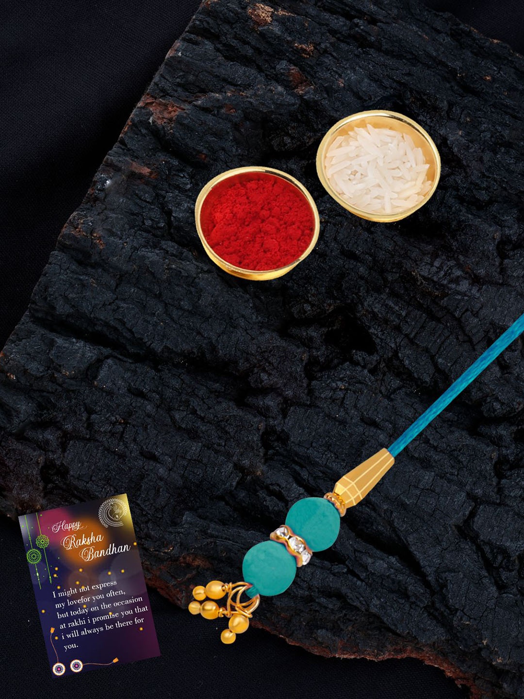 

Silver Shine Set Of 2 Beaded Lumba and Thread Rakhis With Roli Chawal & Greeting Card, Gold