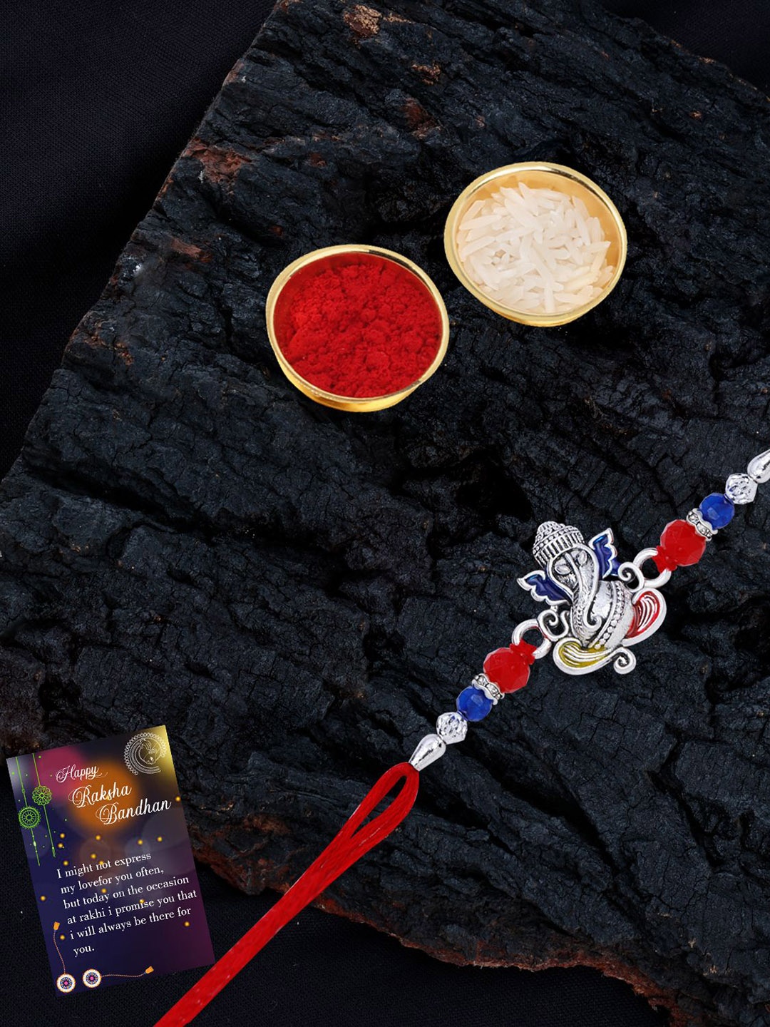

Silver Shine 2-Pcs Bhaiya And Bhabhi Rakhi With Greeting Card & Roli Chawal