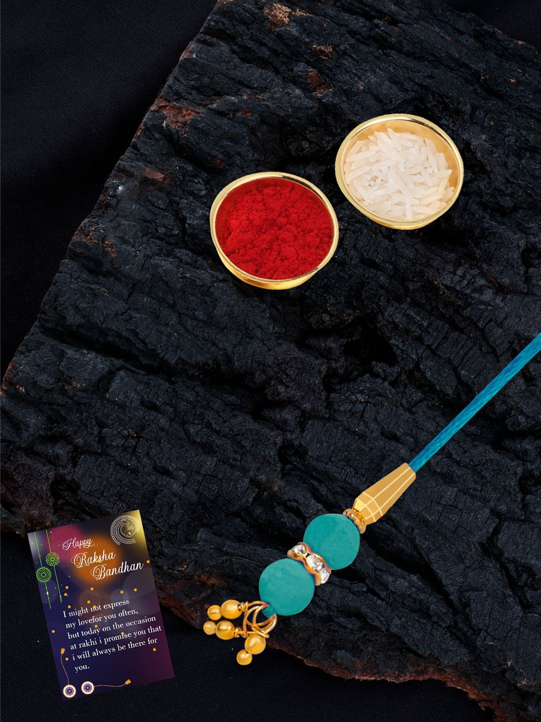 

Silver Shine Beaded Bhaiya Bhabhi Rakhis with Roli Chawal & Greeting Card, Gold