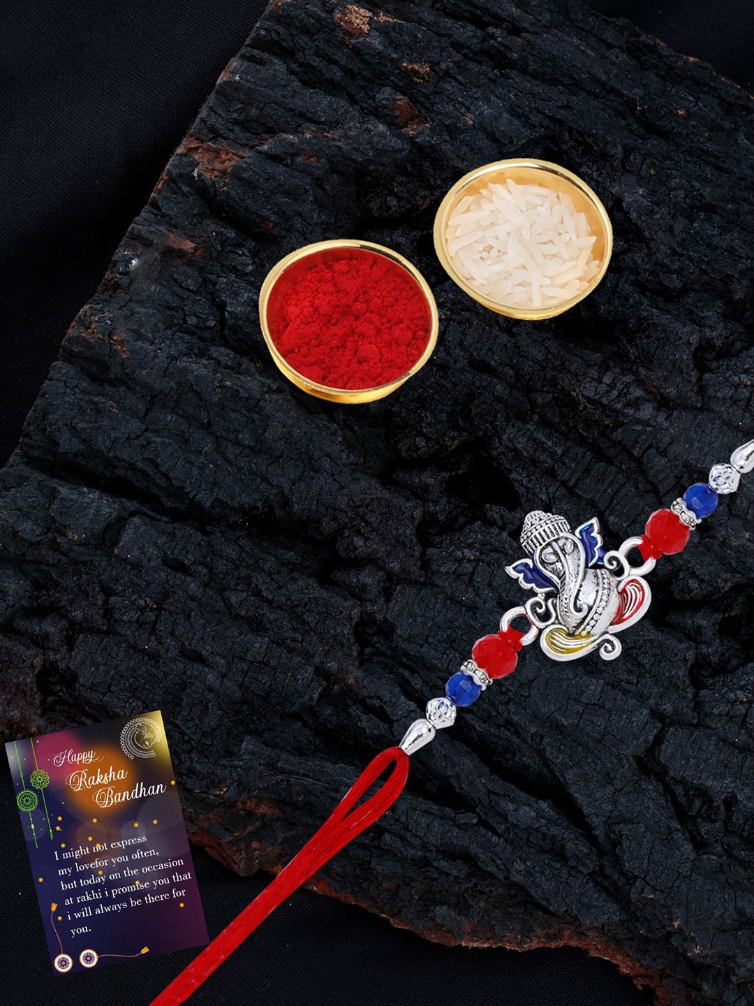 

Silver Shine Bhaiya Bhabhi Rakhi With Roli Chawal, Gold