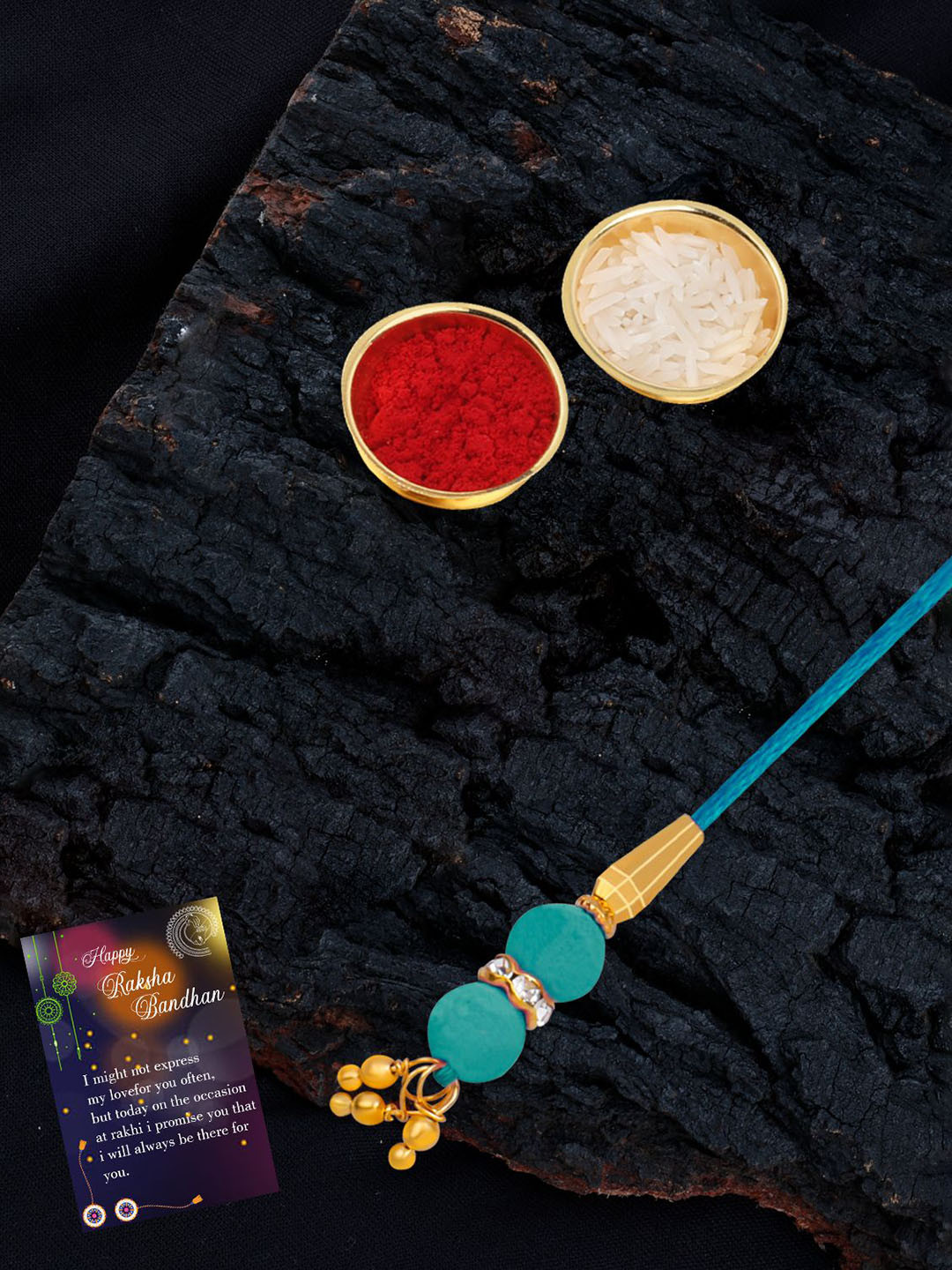 

Silver Shine Set Of 2 Beaded Rakhis with Card & Roli Rice, Blue
