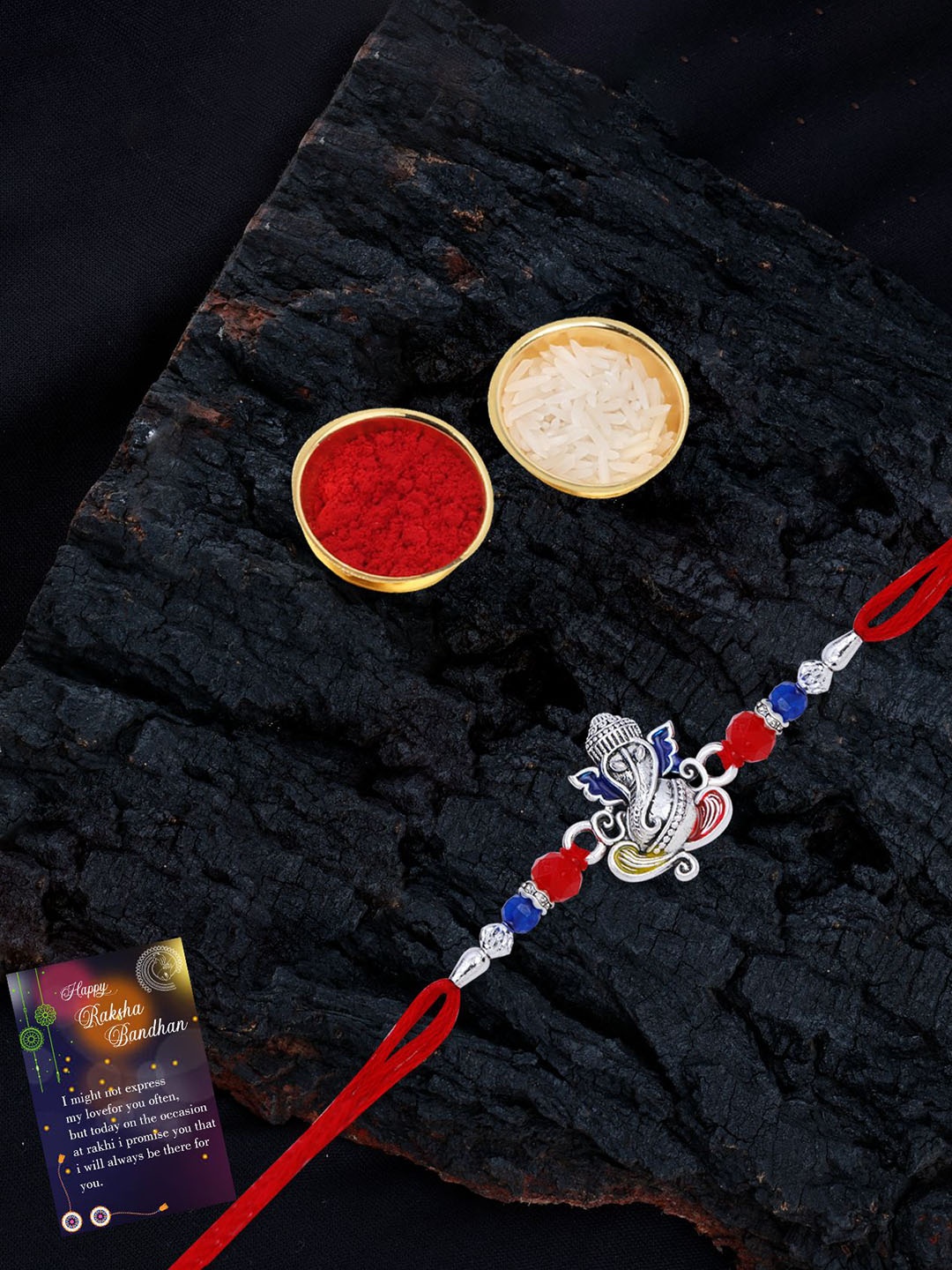 

Silver Shine Set Of 2 Beaded and Ganesha Thread Rakhis with Greeting Card & Roli Chawal