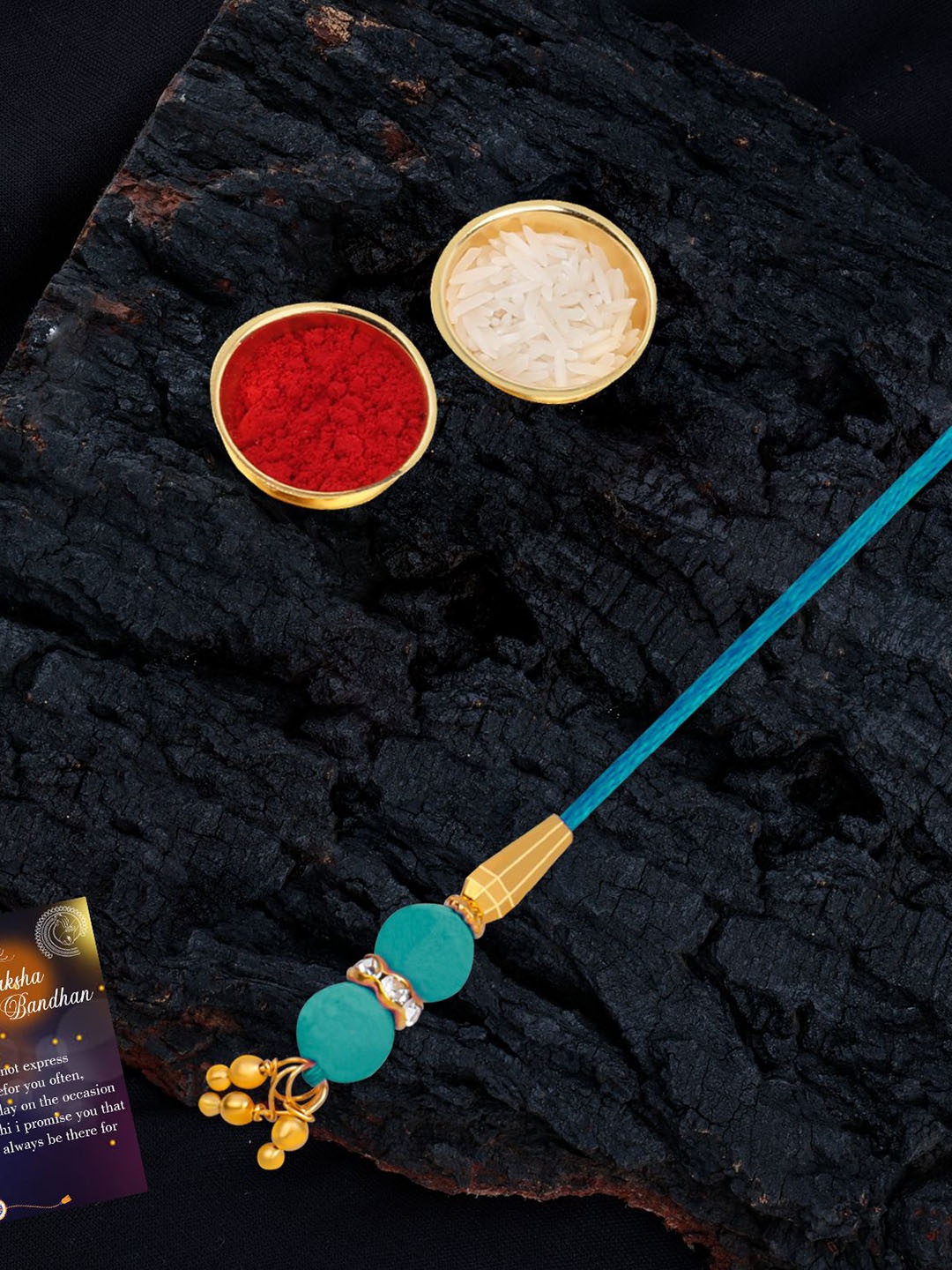 

Silver Shine Beaded Bhaiya Bhabhi Rakhis with Roli Chawal & Greeting Card, Gold