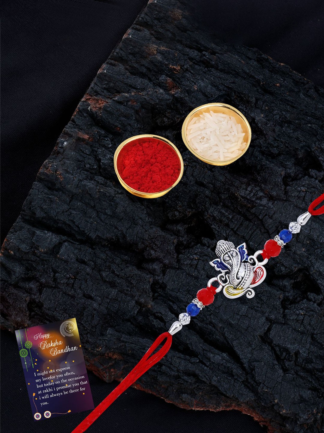 

Silver Shine Set Of 2 Beaded Lumba and Thread Rakhis With Roli Chawal & Greeting Card