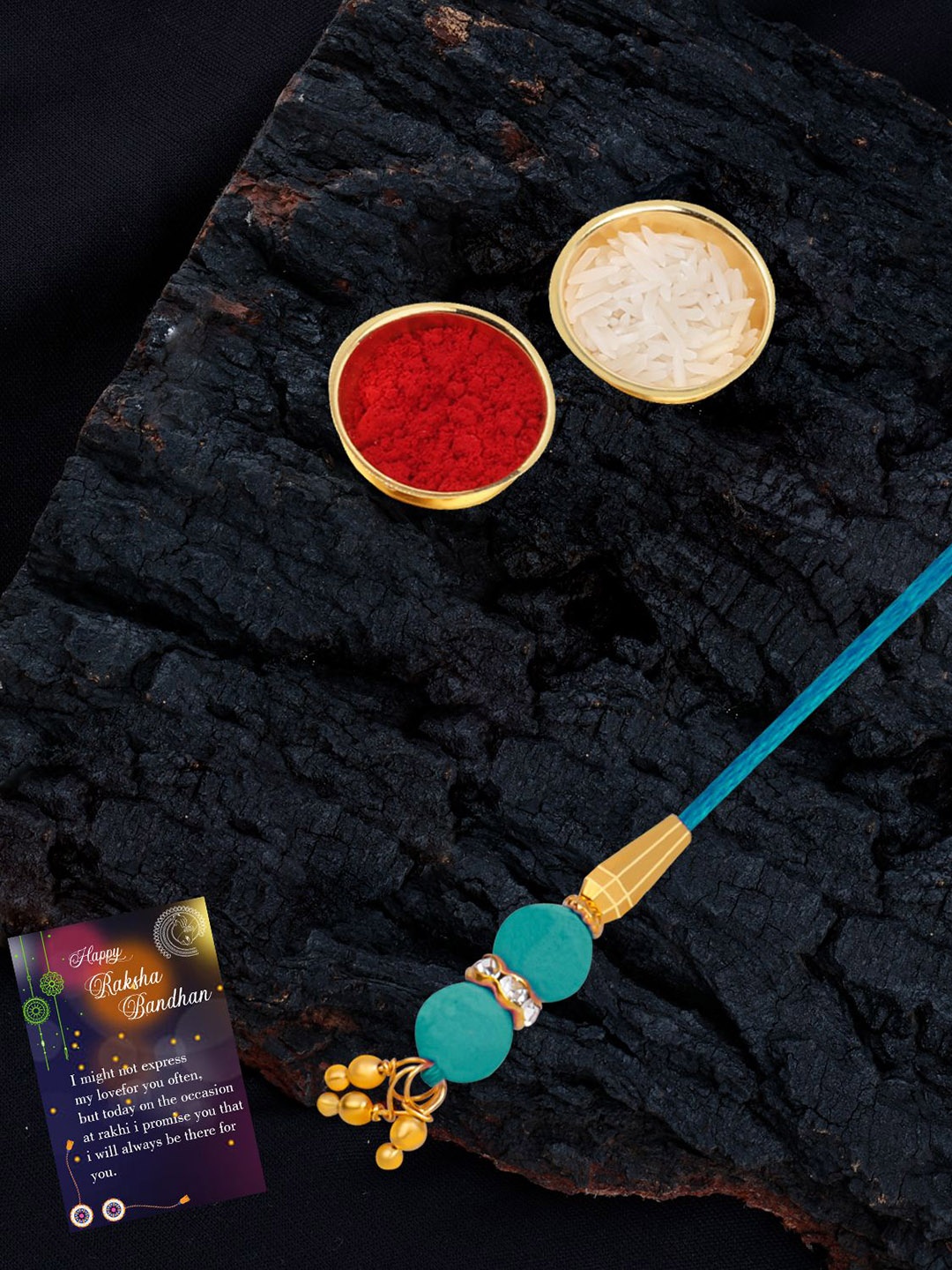 

Silver Shine Beaded Bhaiya Bhabhi Rakhis with Roli Chawal & Greeting Card, Blue