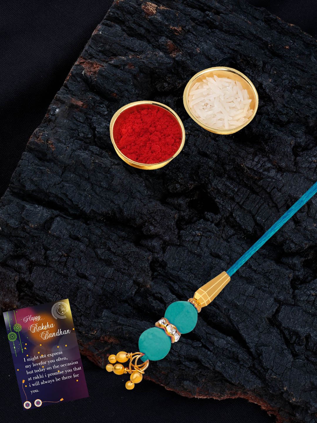 

Silver Shine Beaded Bhaiya Bhabhi Rakhis with Roli Chawal & Greeting Card, Gold
