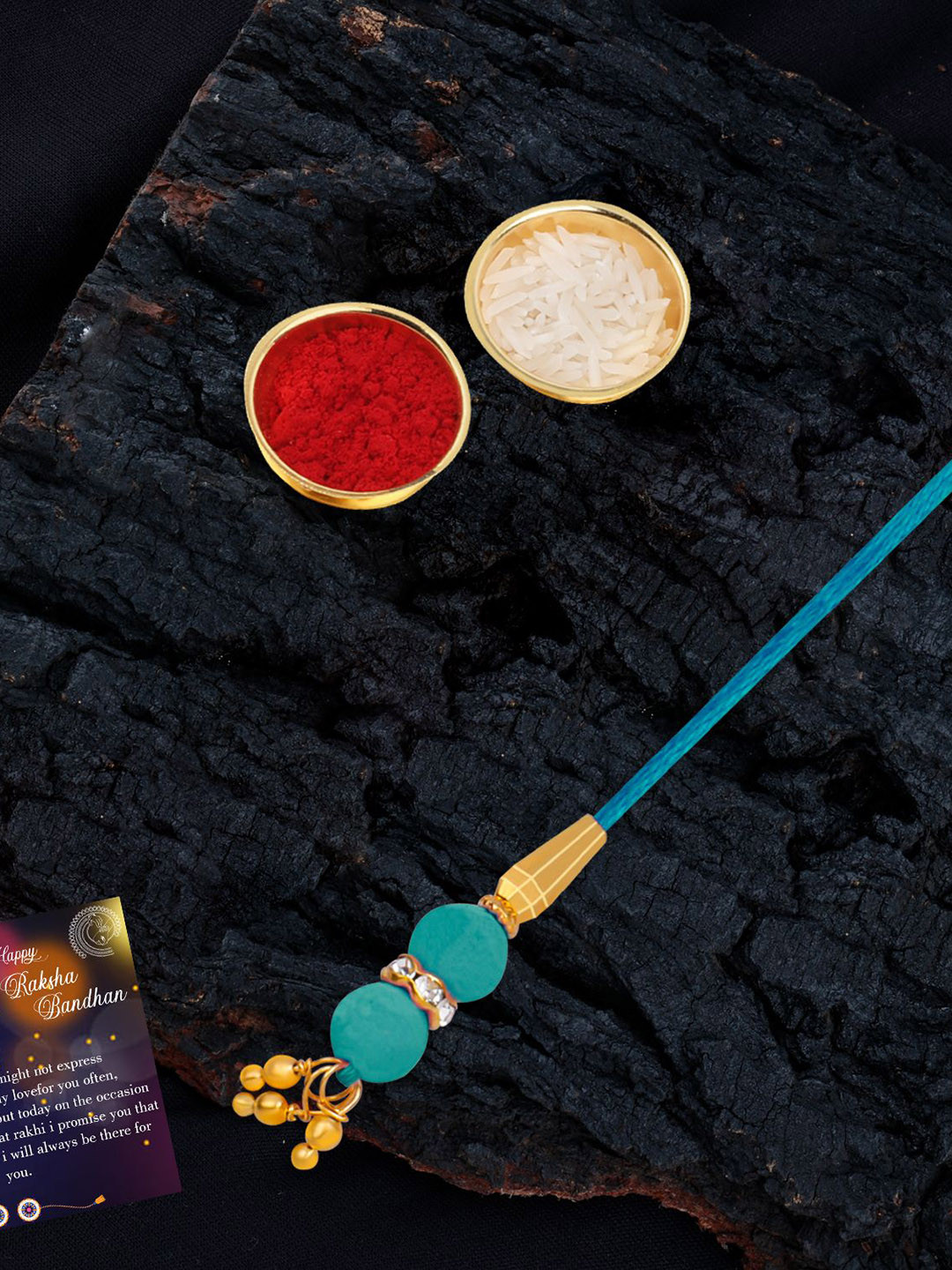 

Silver Shine 2-Pcs Bhaiya And Bhabhi Rakhi With Greeting Card & Roli Chawal, Gold