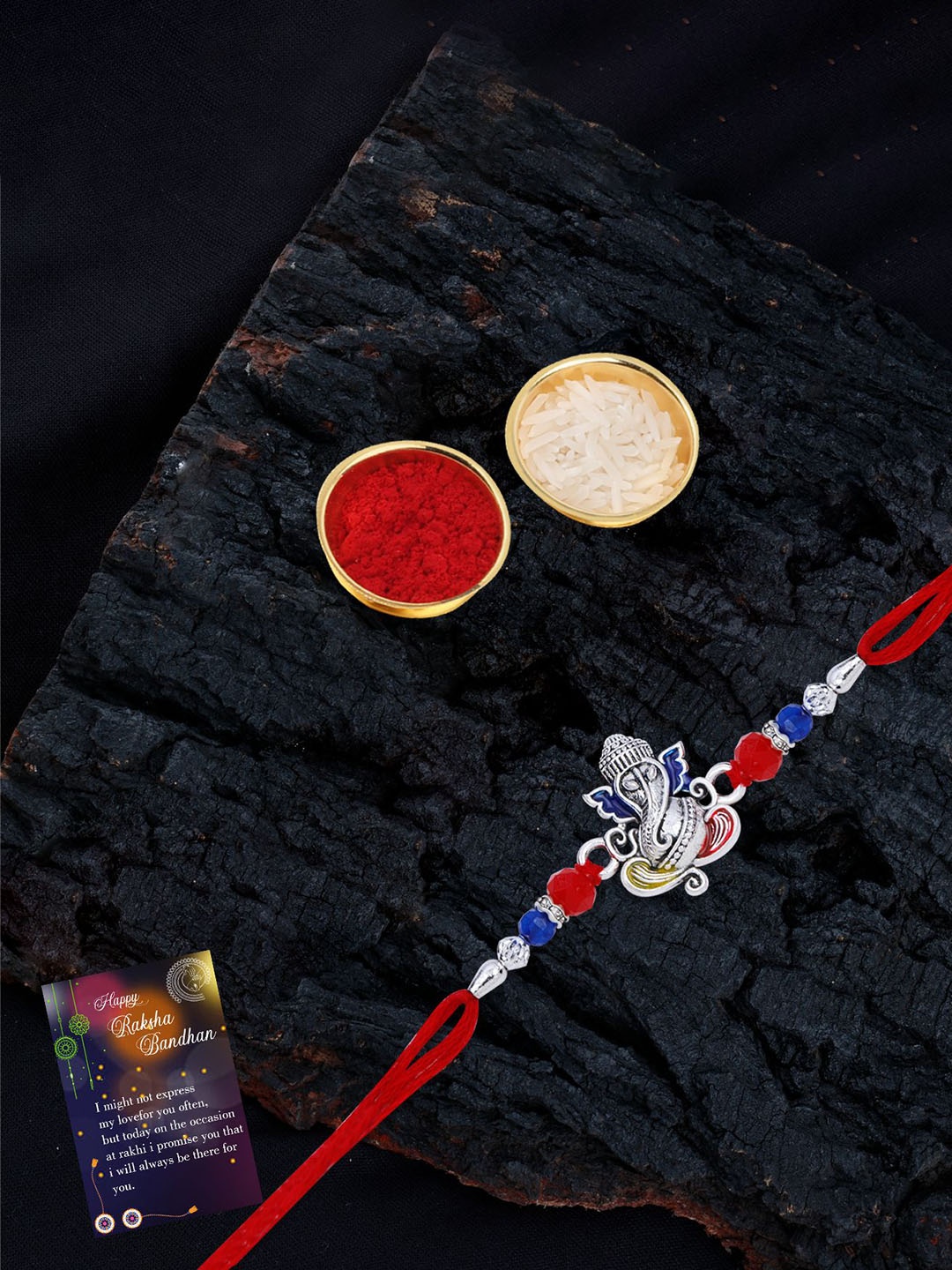 

Silver Shine Set Of 2 Beaded and Ganesha Thread Rakhis with Greeting Card & Roli Chawal, Gold