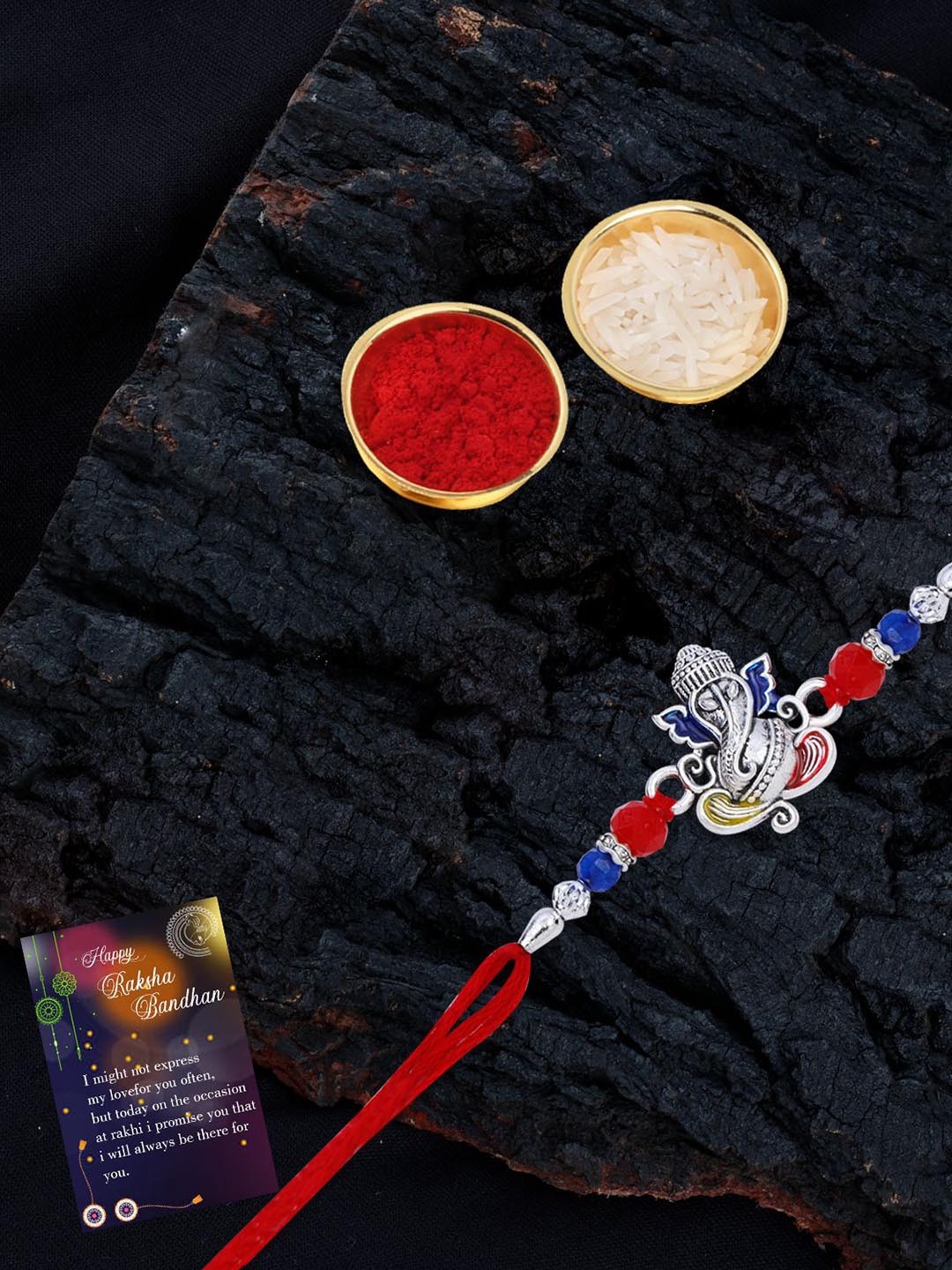 

Silver Shine 2-Pcs Bhaiya And Bhabhi Rakhi With Greeting Card & Roli Chawal