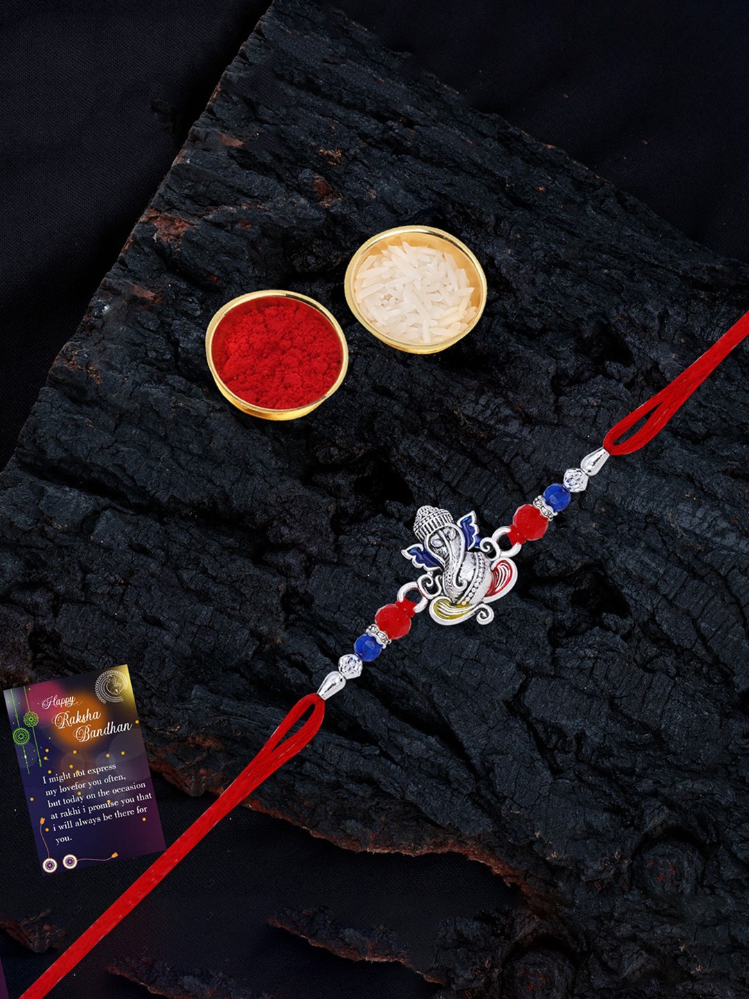 

Silver Shine Set Of 2 Beaded Rakhis with Card & Roli Rice, Red