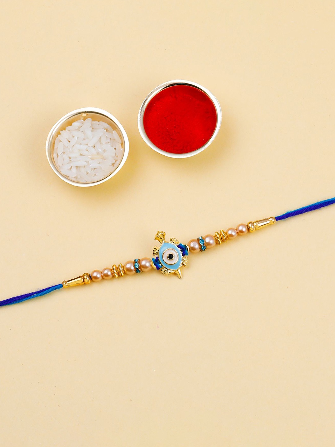 

Silver Shine Beaded Bhaiya Bhabhi Rakhis with Roli Chawal & Greeting Card, Blue