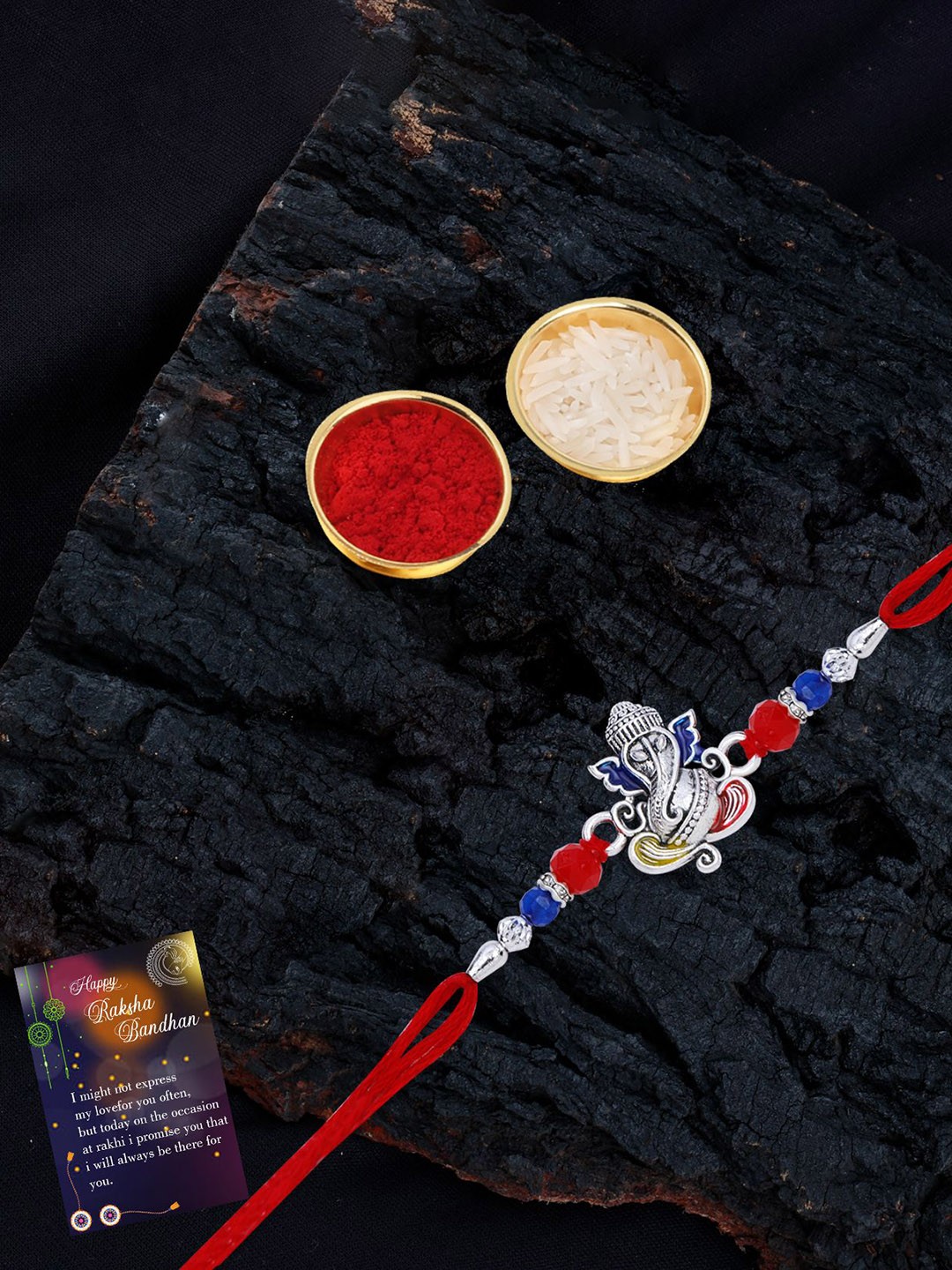 

Silver Shine Set of 2 Beaded Rakhis with Roli Chawal & Greeting Card, Red