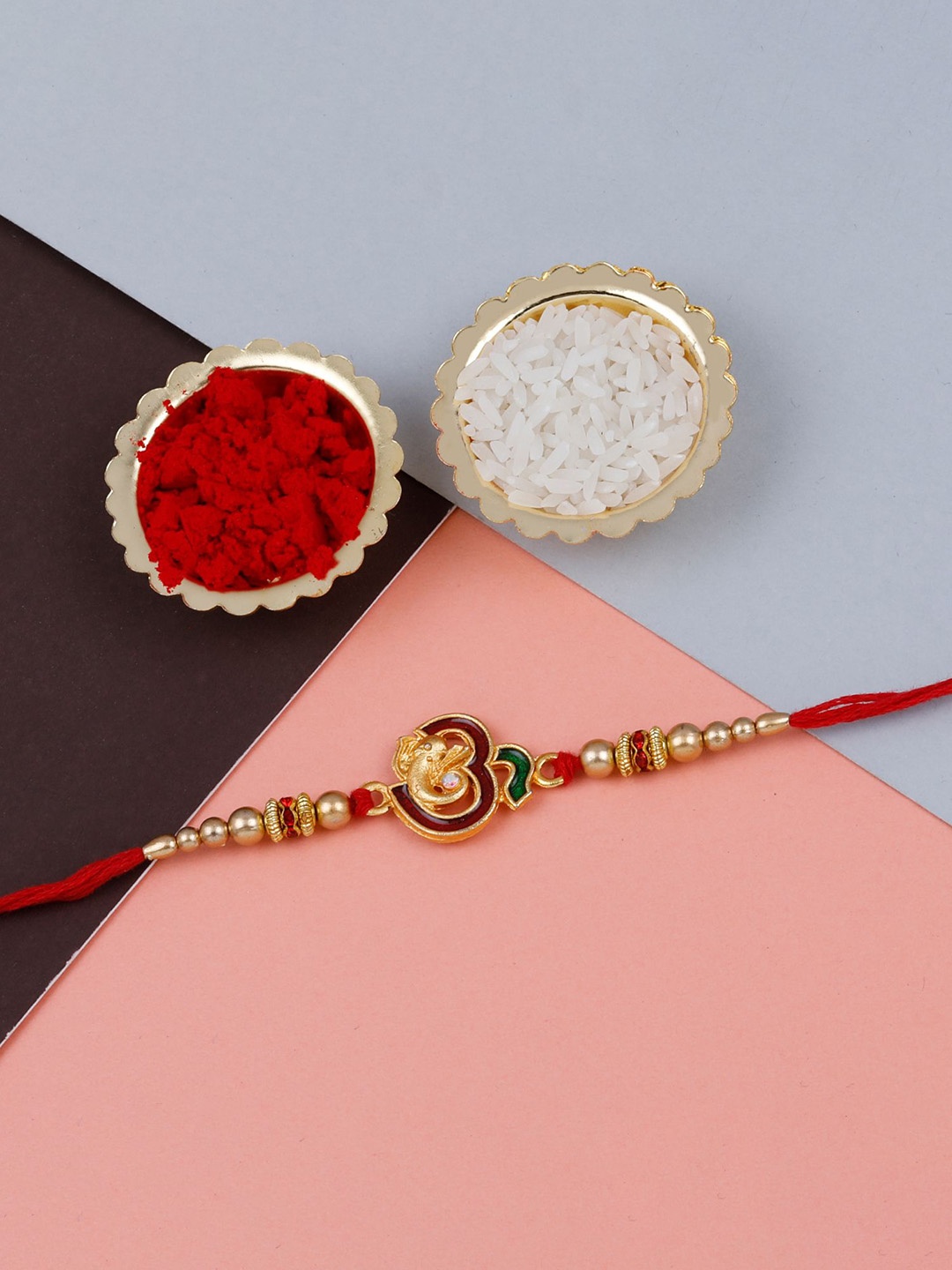 

Silver Shine Beaded Bhaiya Bhabhi Rakhis with Roli Chawal & Greeting Card, Red