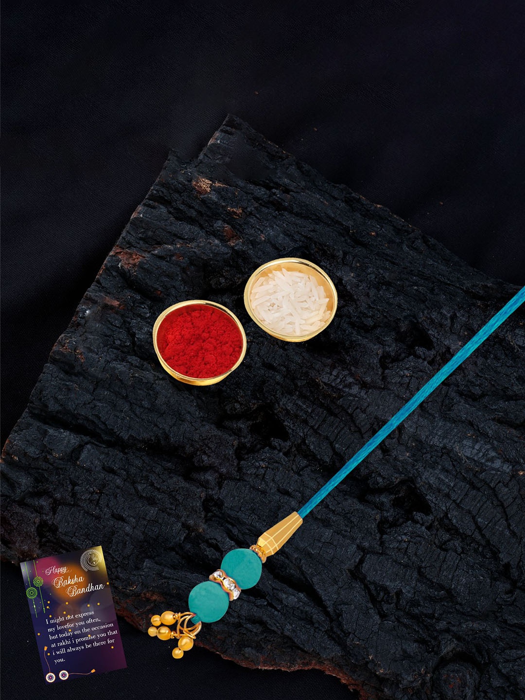 

Silver Shine 2-Pcs Bhaiya And Bhabhi Rakhi With Greeting Card & Roli Chawal, Gold