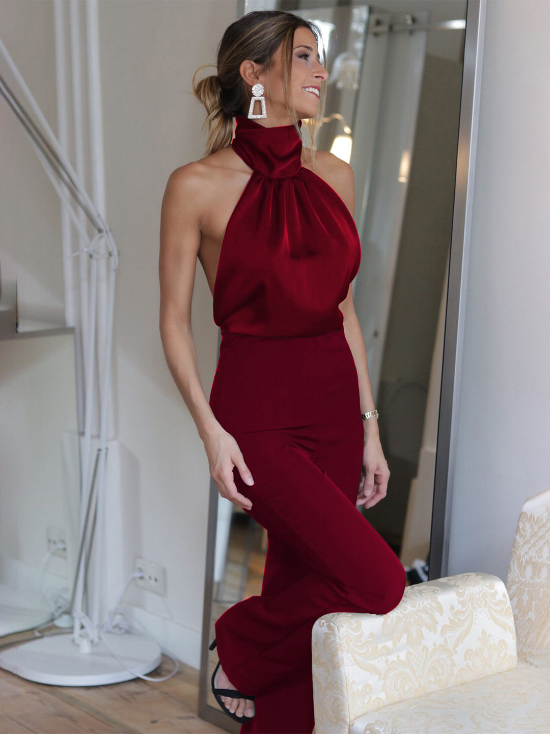 

LULU & SKY Halter Neck Basic Jumpsuit, Red