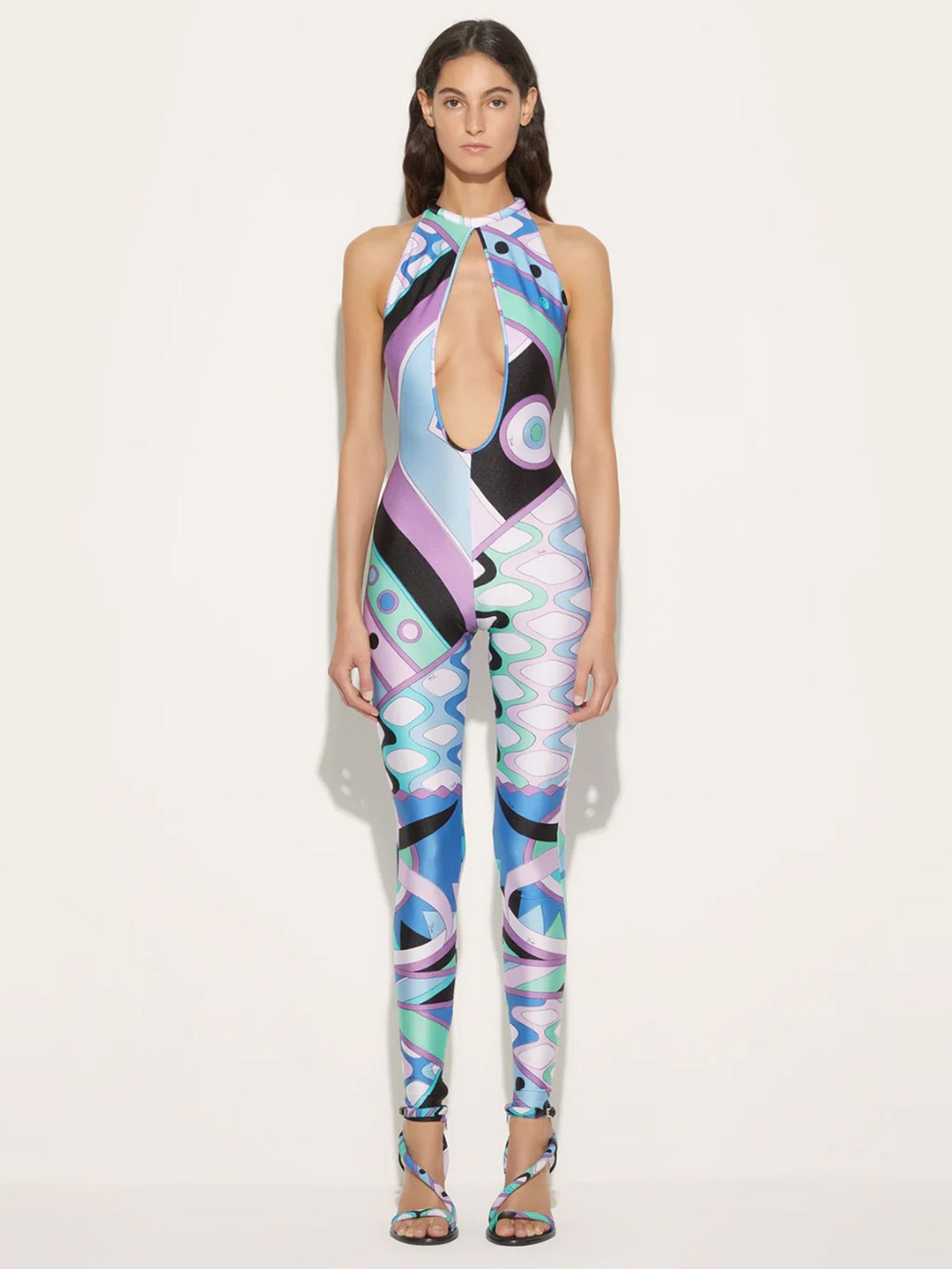 

LULU & SKY Women Halter Neck Printed Cut-out Detail Basic Jumpsuit, Blue