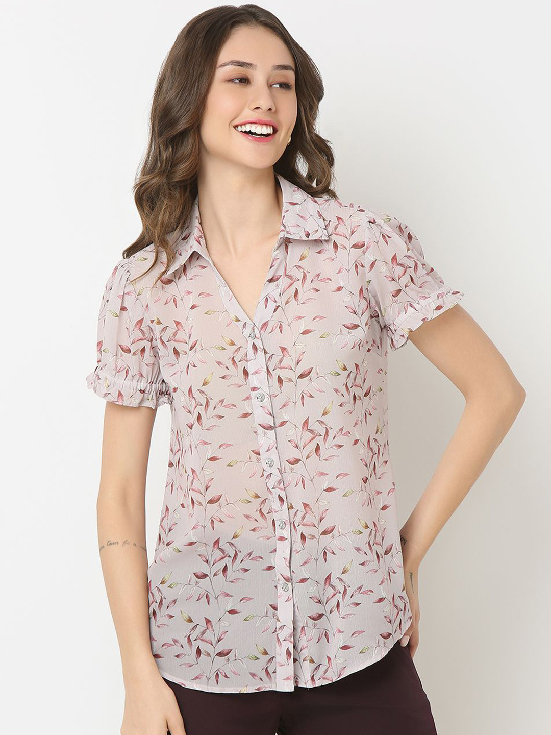 

NOT SO PINK Women Smart Floral Opaque Printed Casual Shirt, Peach