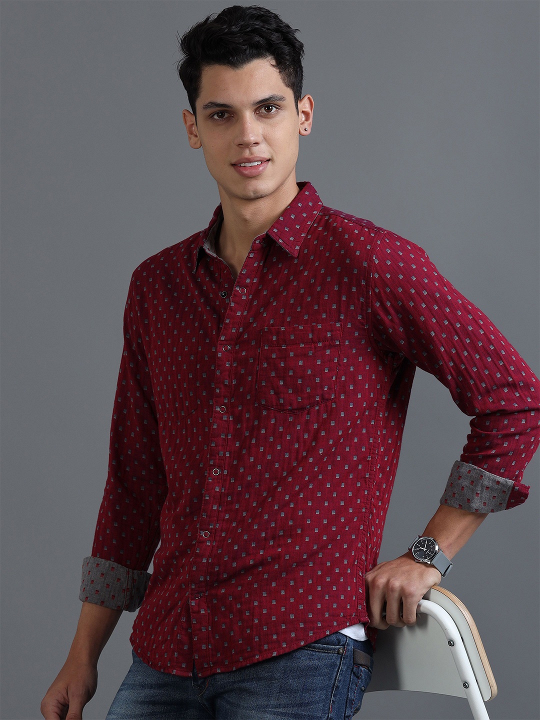 

HERE&NOW Men Opaque Printed Casual Shirt, Maroon