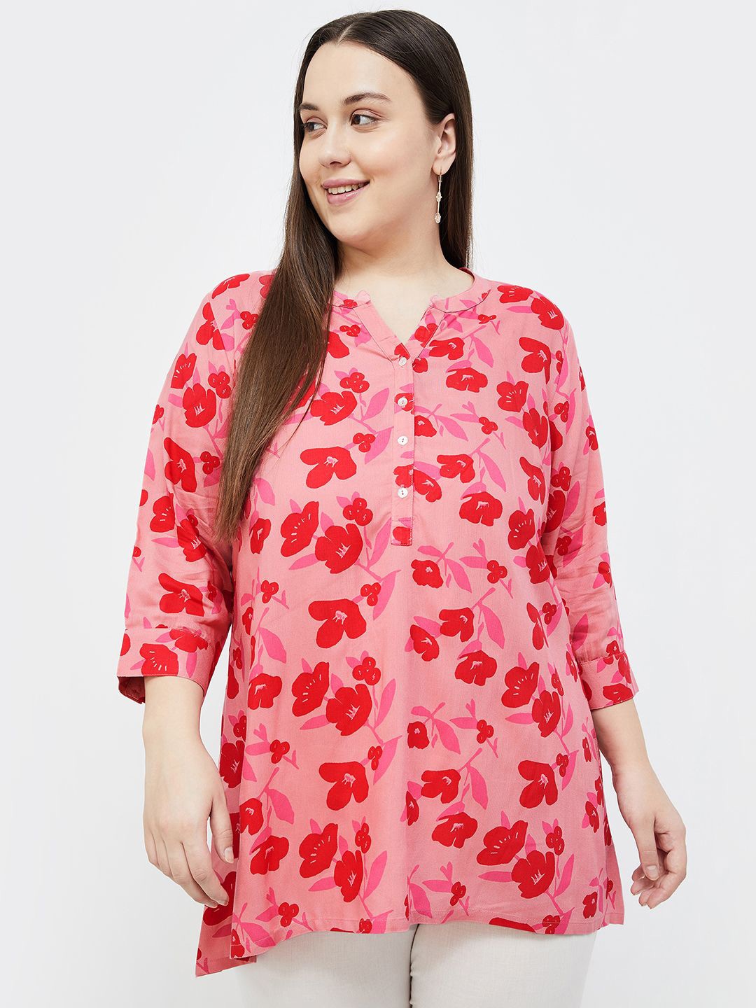 

Moiree by Lifestyle Floral Printed V-Neck Kurti, Coral