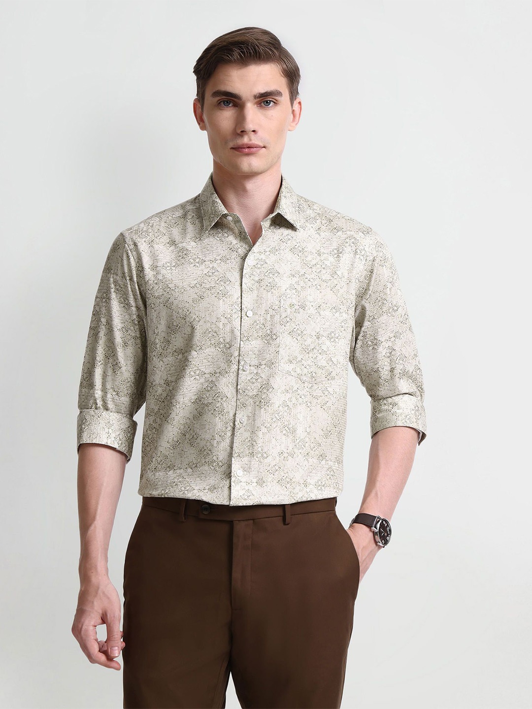 Arrow Men Floral Opaque Printed Formal Shirt, Beige