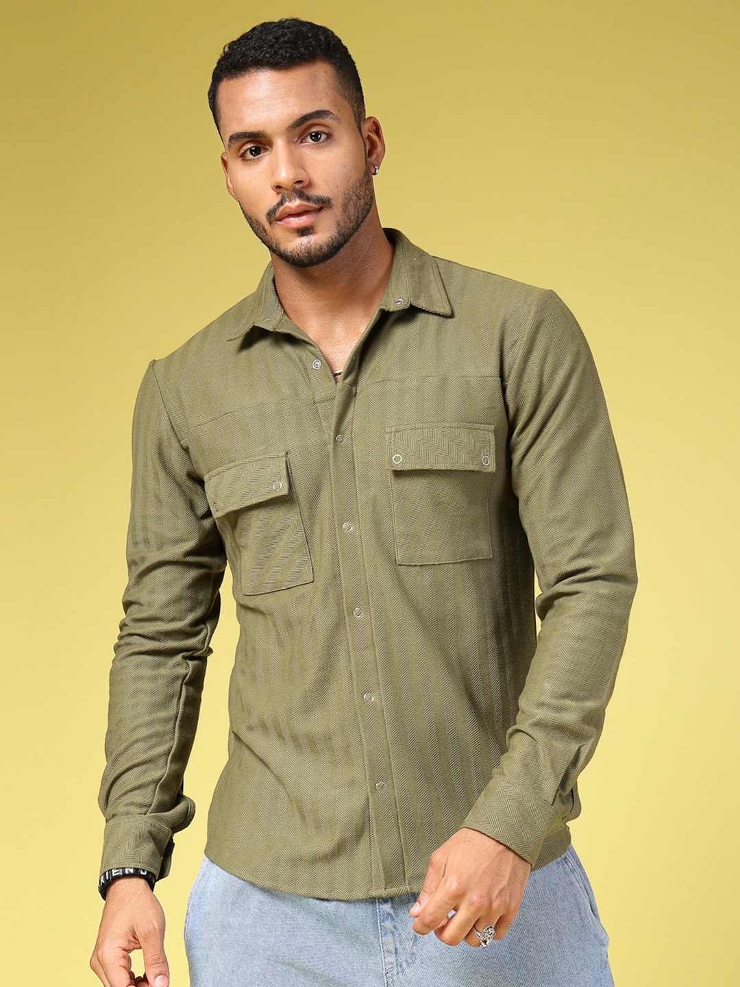 

Rigo Men Premium Slim Fit Opaque Casual Shirt, Olive
