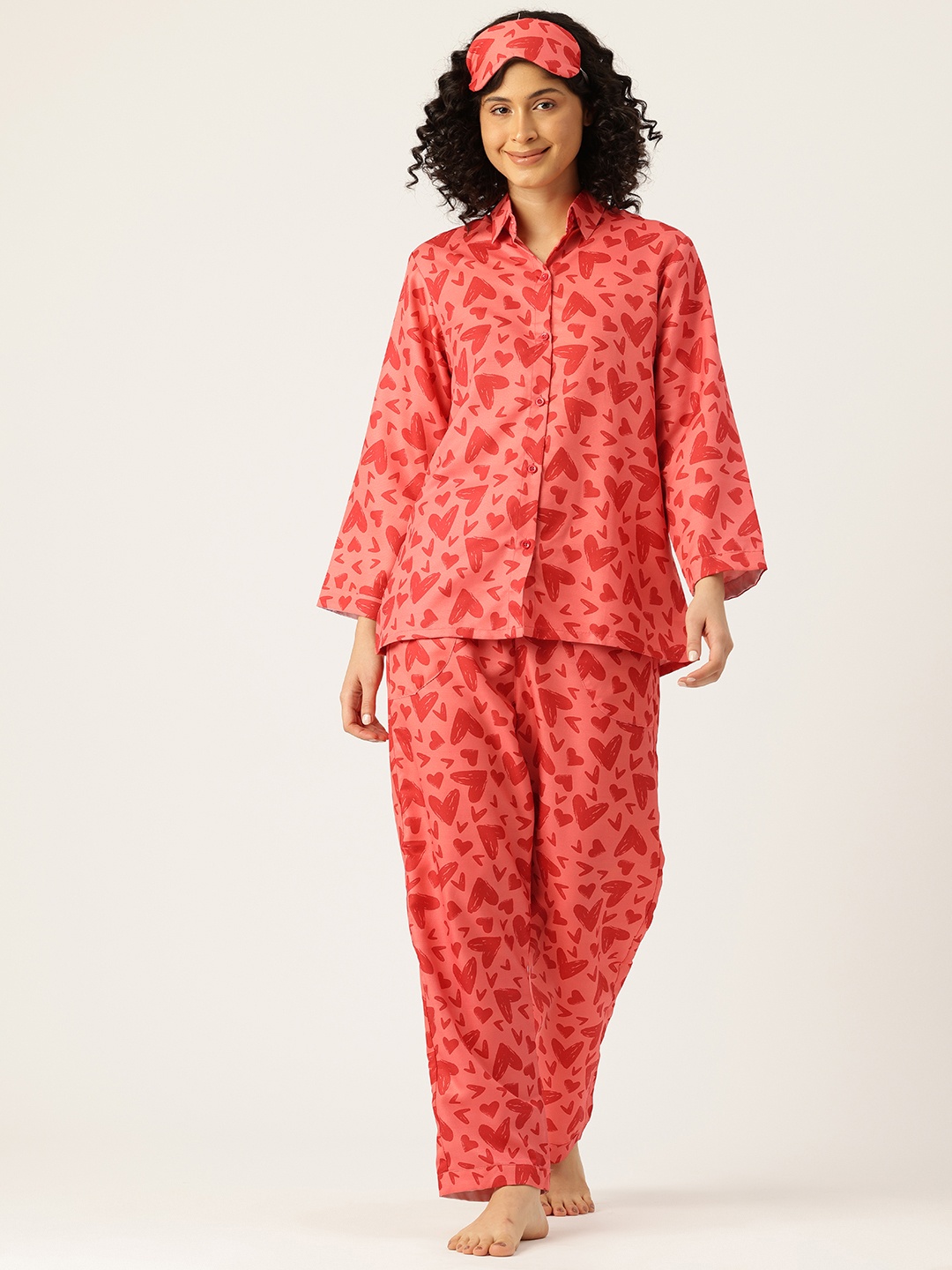 

bedgasm Conversational Printed Night Suit With Eye Mask, Red