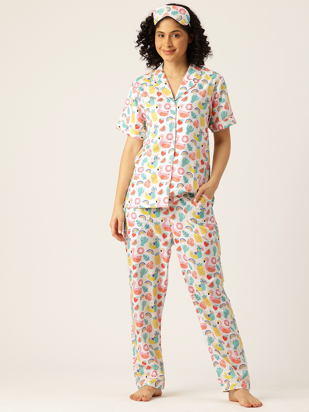 

bedgasm Conversational Printed Night Suit With Eye Mask, White