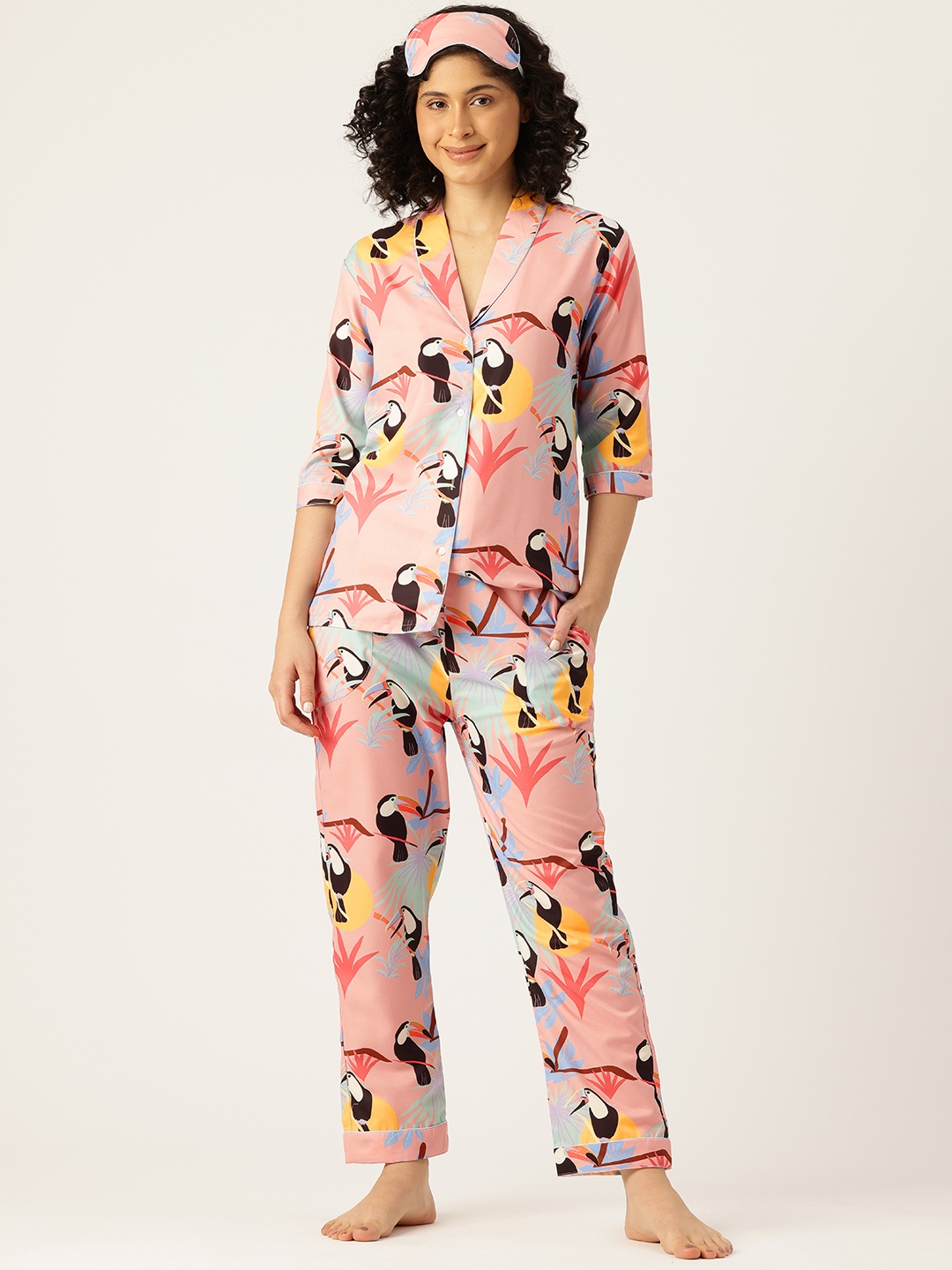 

bedgasm Graphic Printed Night Suit With Eye Mask, Peach